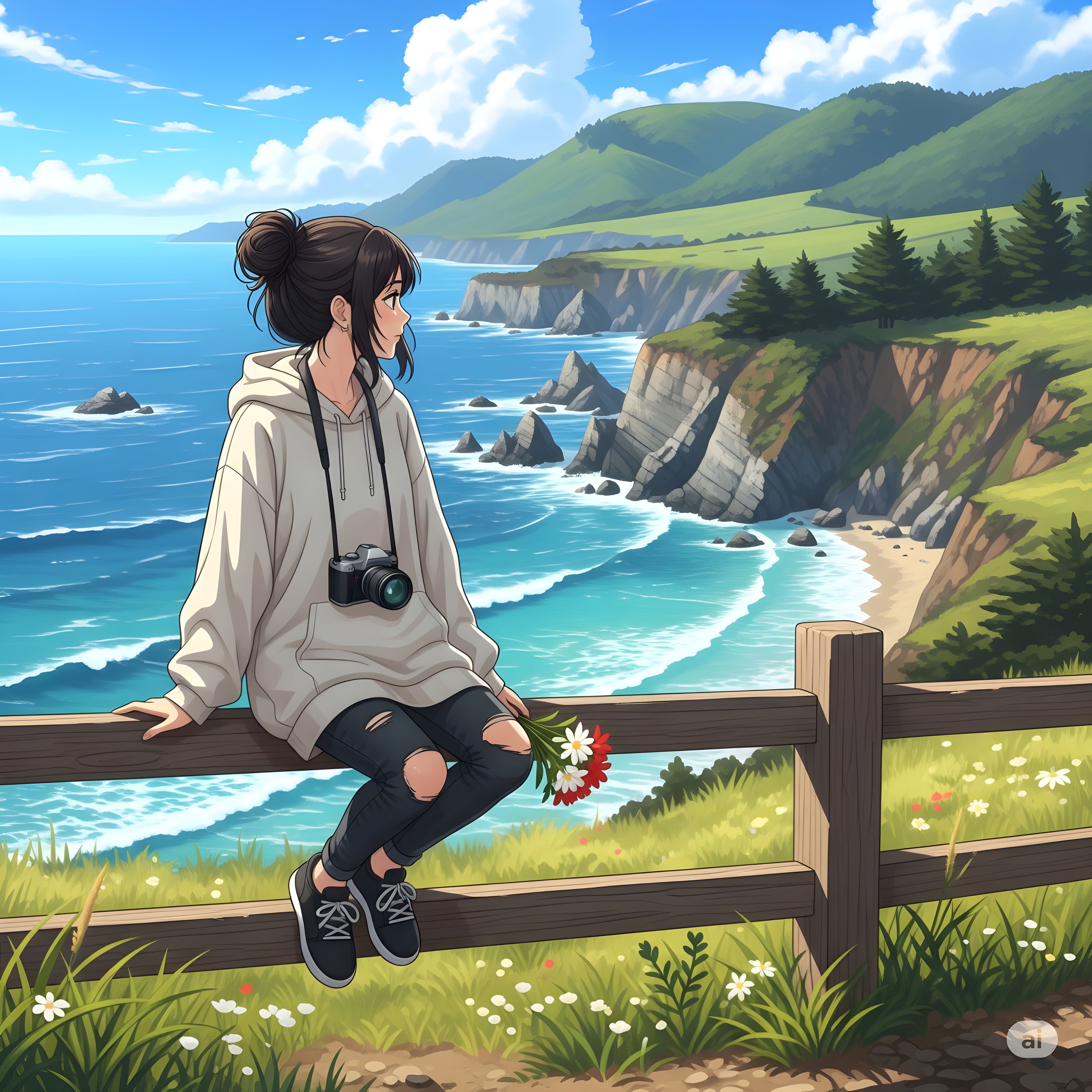 Girl with Camera Enjoying Coastal View