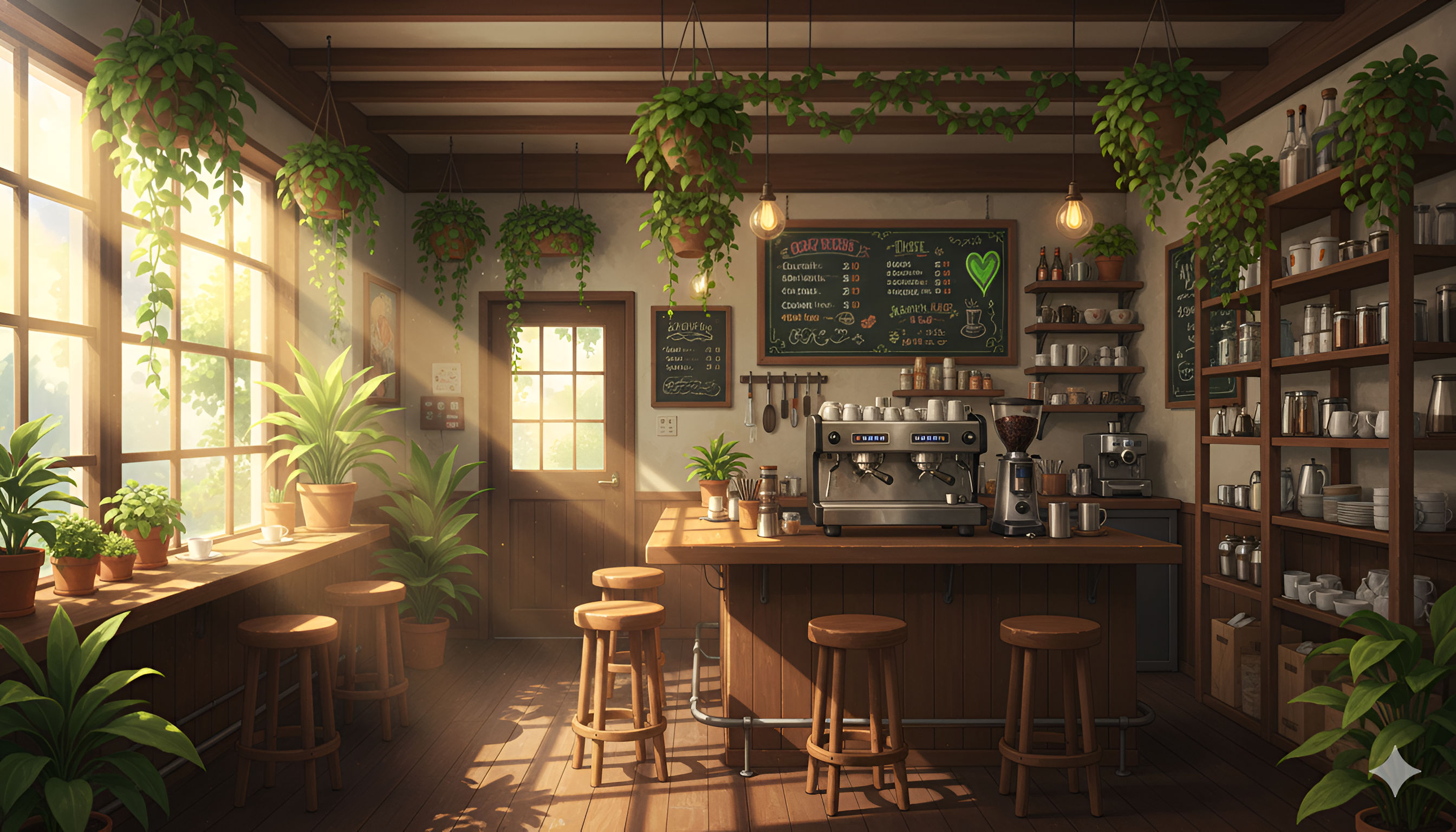 Sunny Anime Cafe Interior – Plants and Coffee Aesthetic