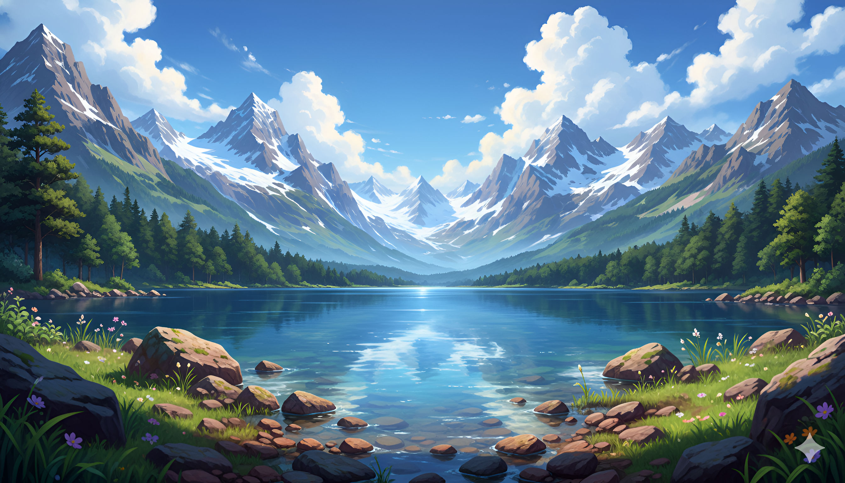 Crystal Lake Reflection – Majestic Anime Mountain Landscape