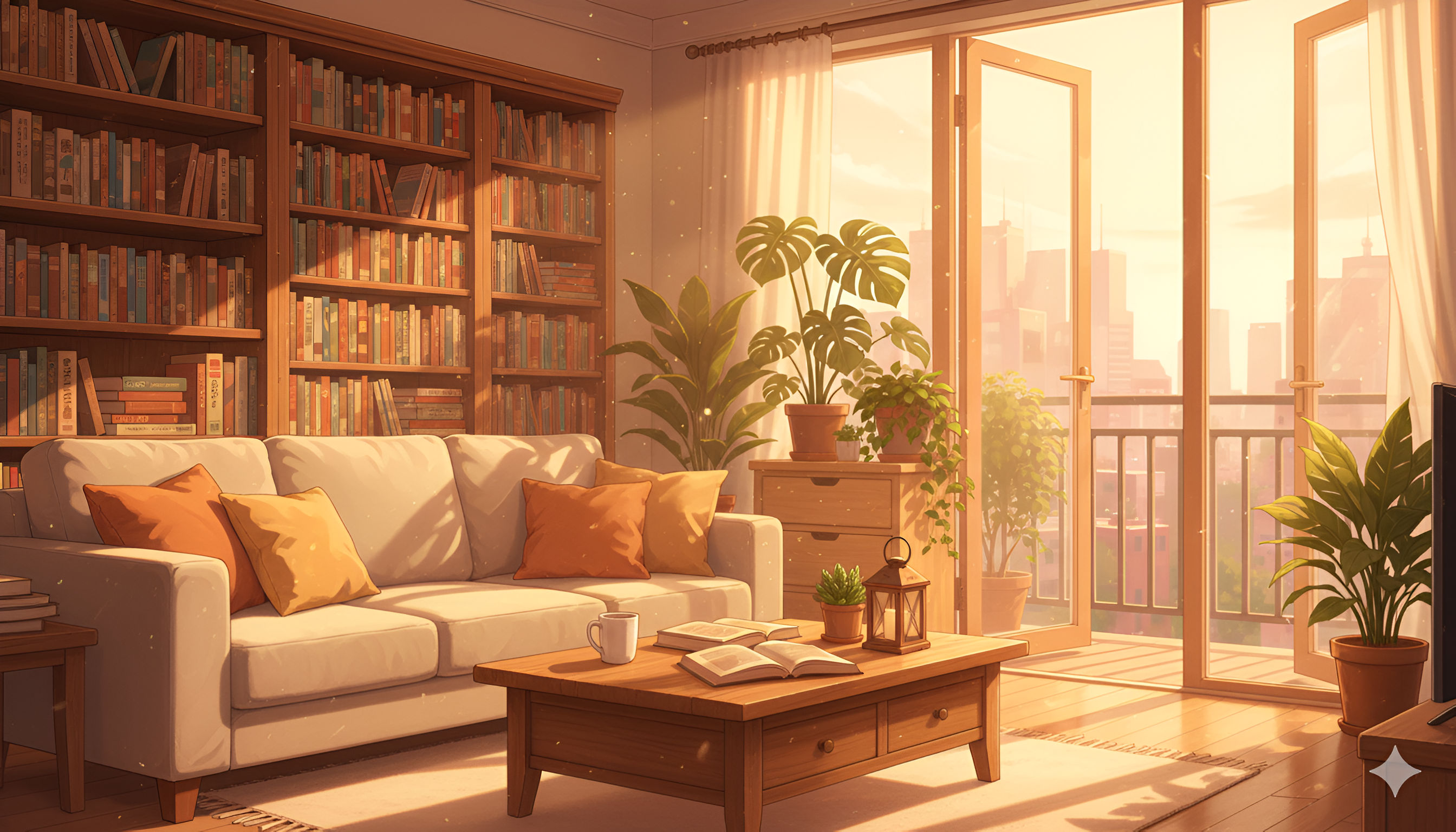 Golden Hour Reading – Cozy Anime Library Living Room