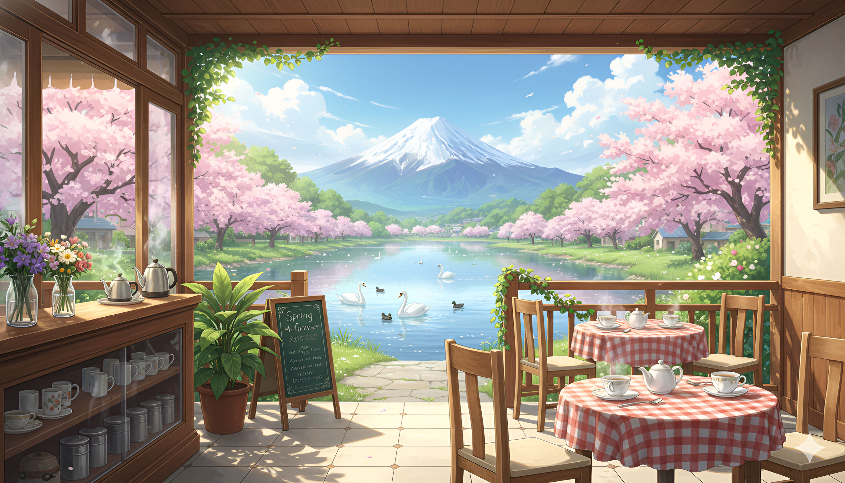 Mount Fuji View Cafe - Sakura Spring Anime Landscape