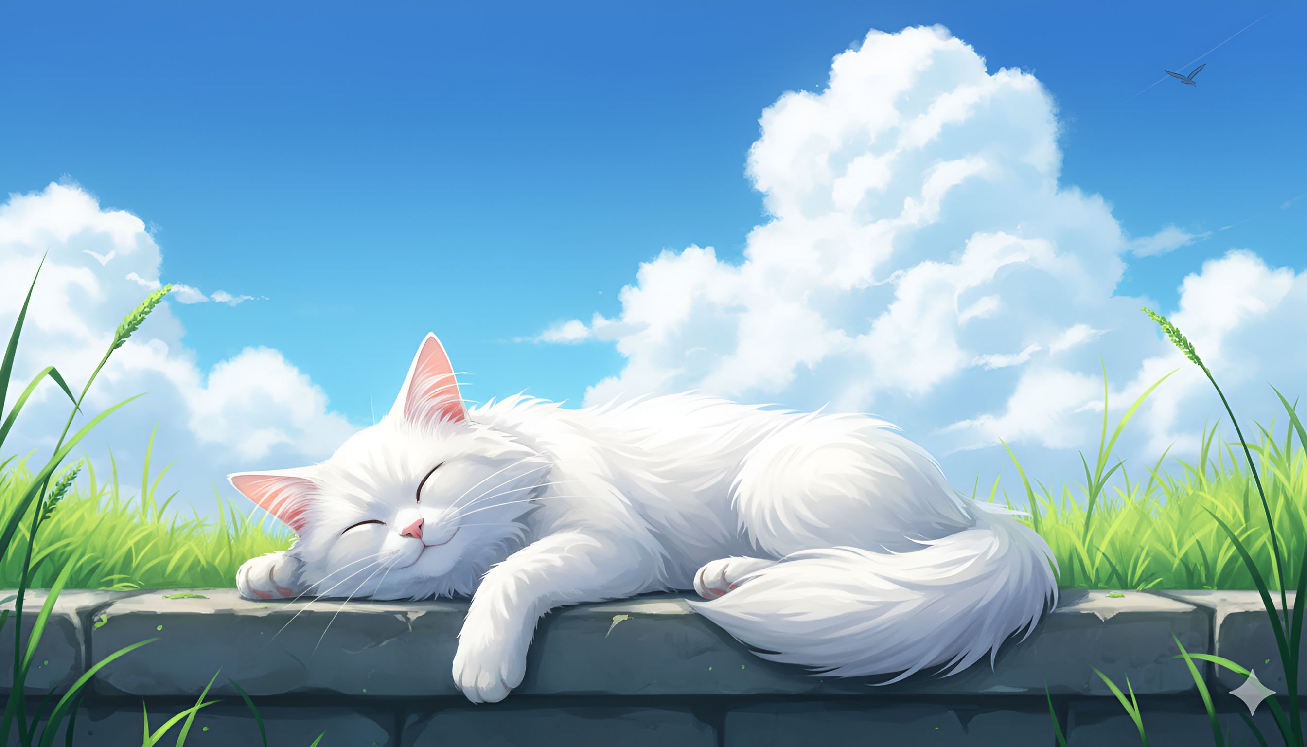 Sleeping White Cat in Sunshine – Cute Anime Animal Wallpaper