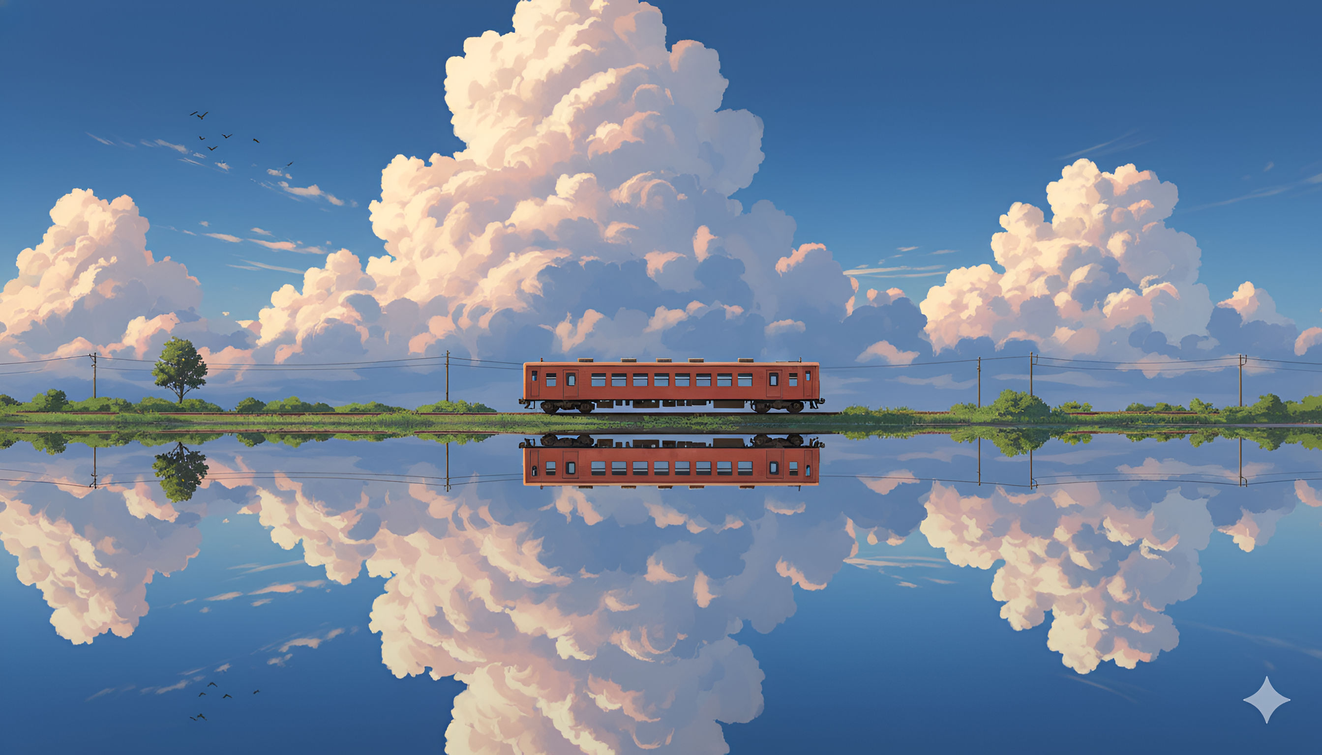 Perfect Reflection Train and Cumulus Sky Anime Wallpaper