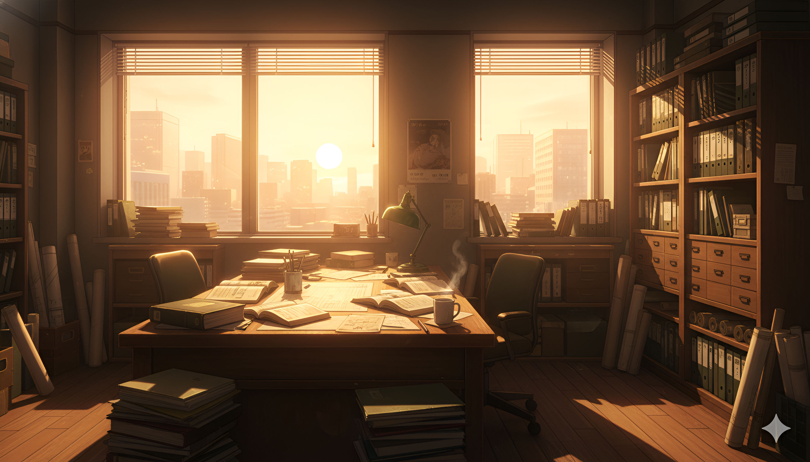 Golden Office Study – Sunset City View Anime Interior