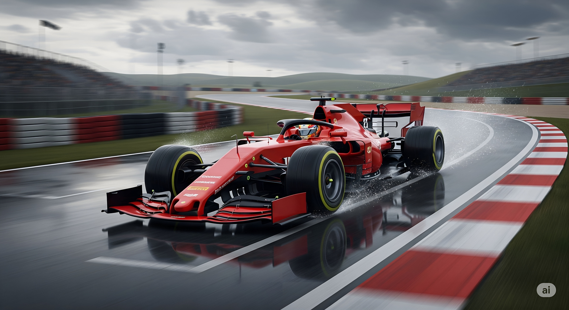 F1 Car on a Wet Racetrack