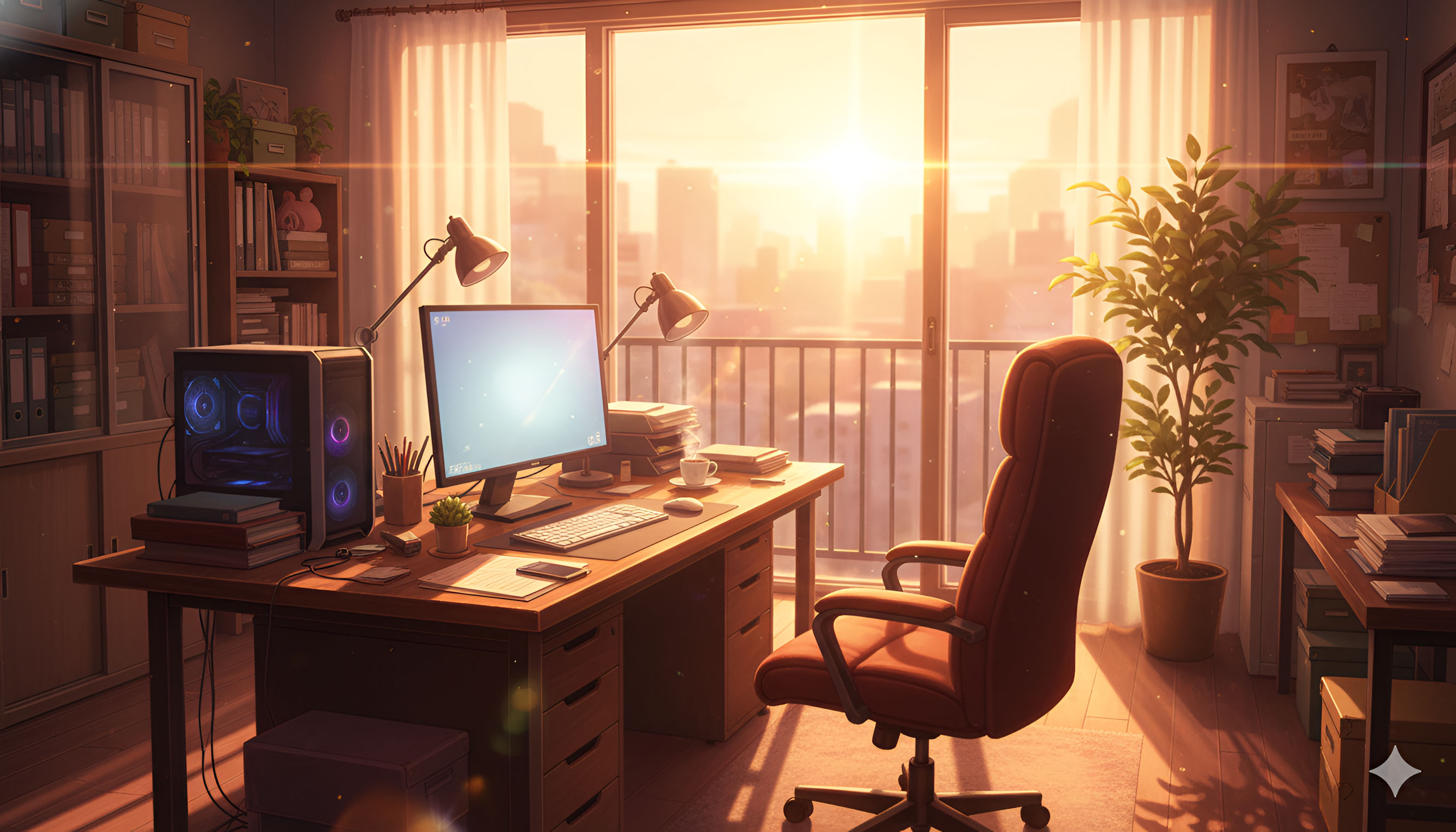 PC Glow – Golden Hour Anime Workstation City View