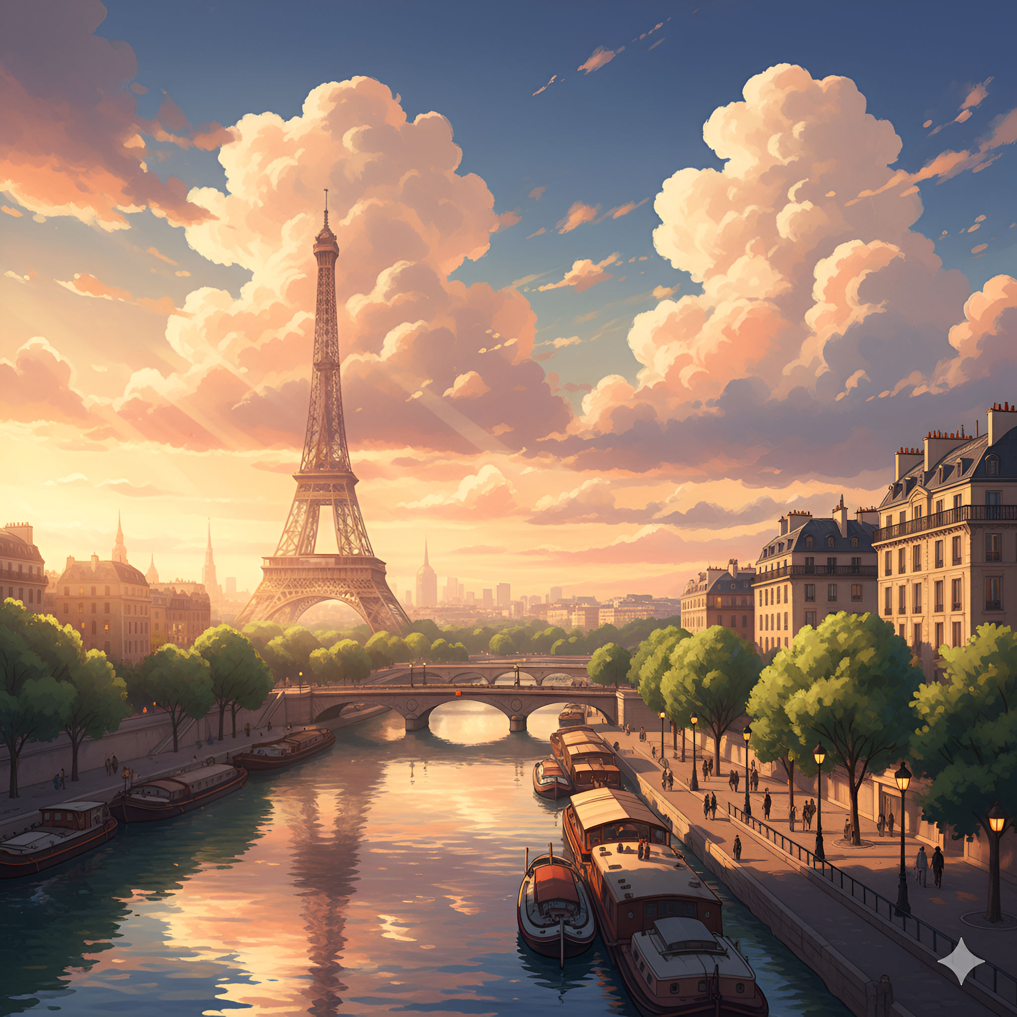 Parisian Glow – Eiffel Tower Sunset Anime Landscape