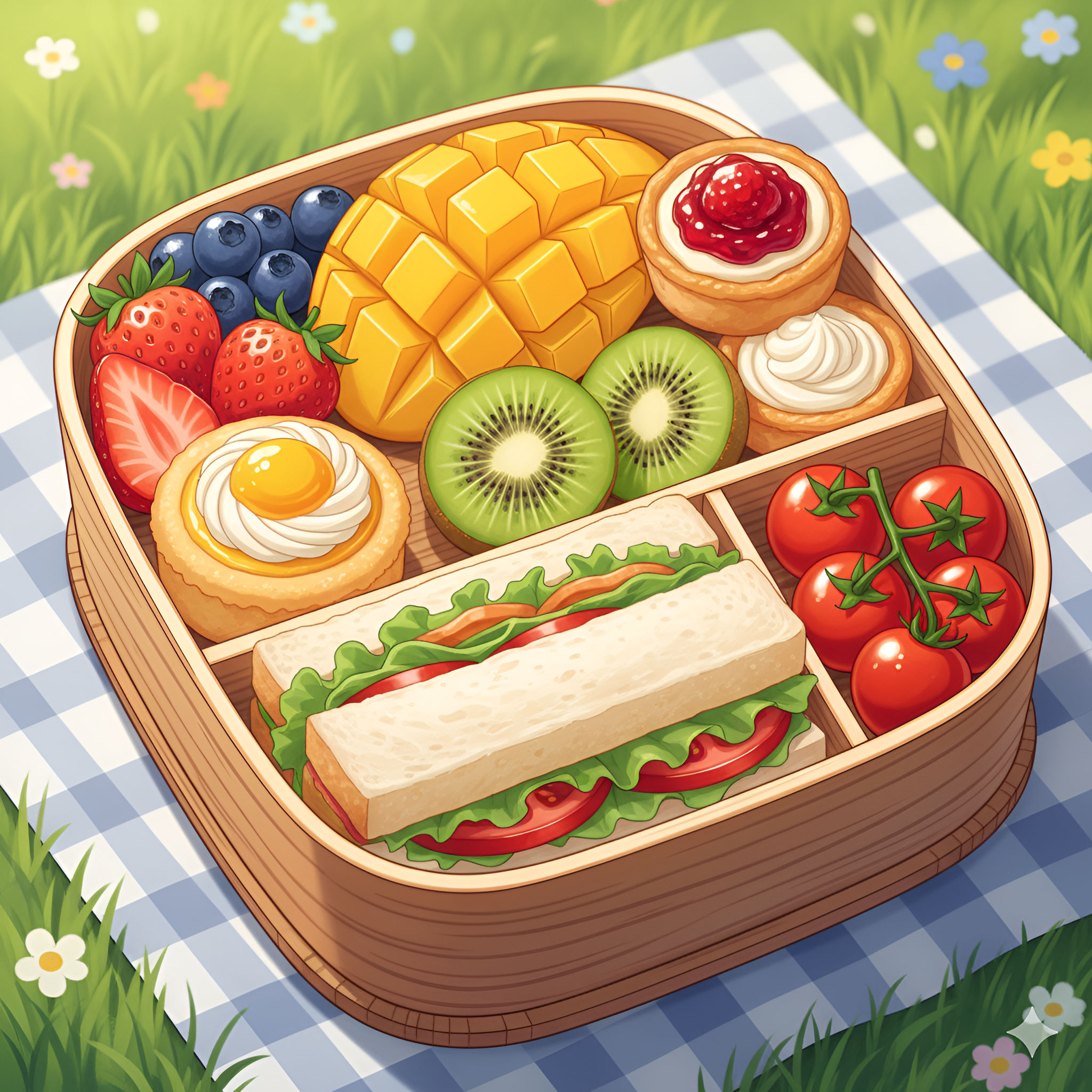 Summertime Bento Box: Assortment of Fruit, Sandwiches, and Tarts