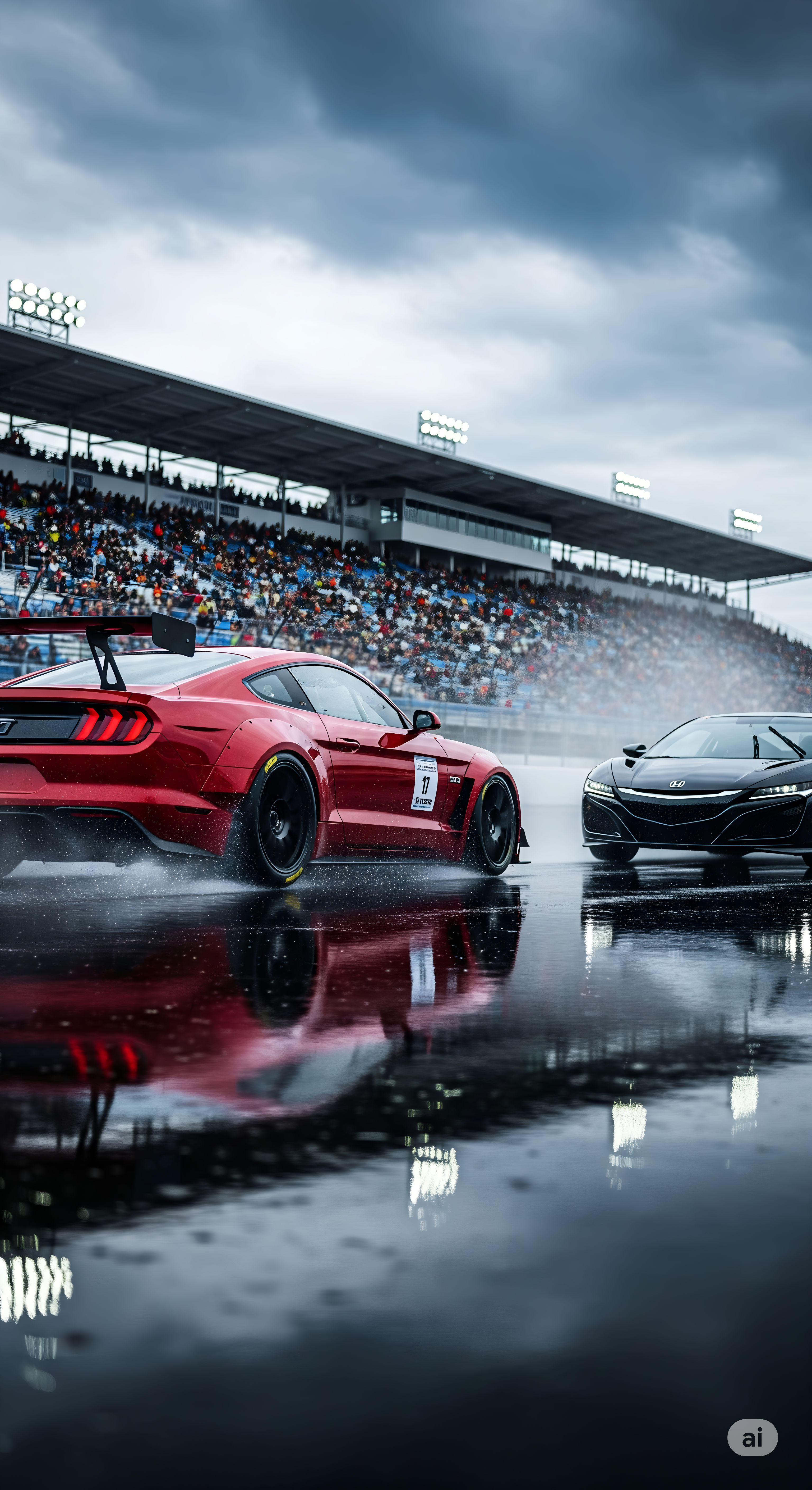 Wet Track Race: Red Mustang and Black Sports Car Under Stormy Sky