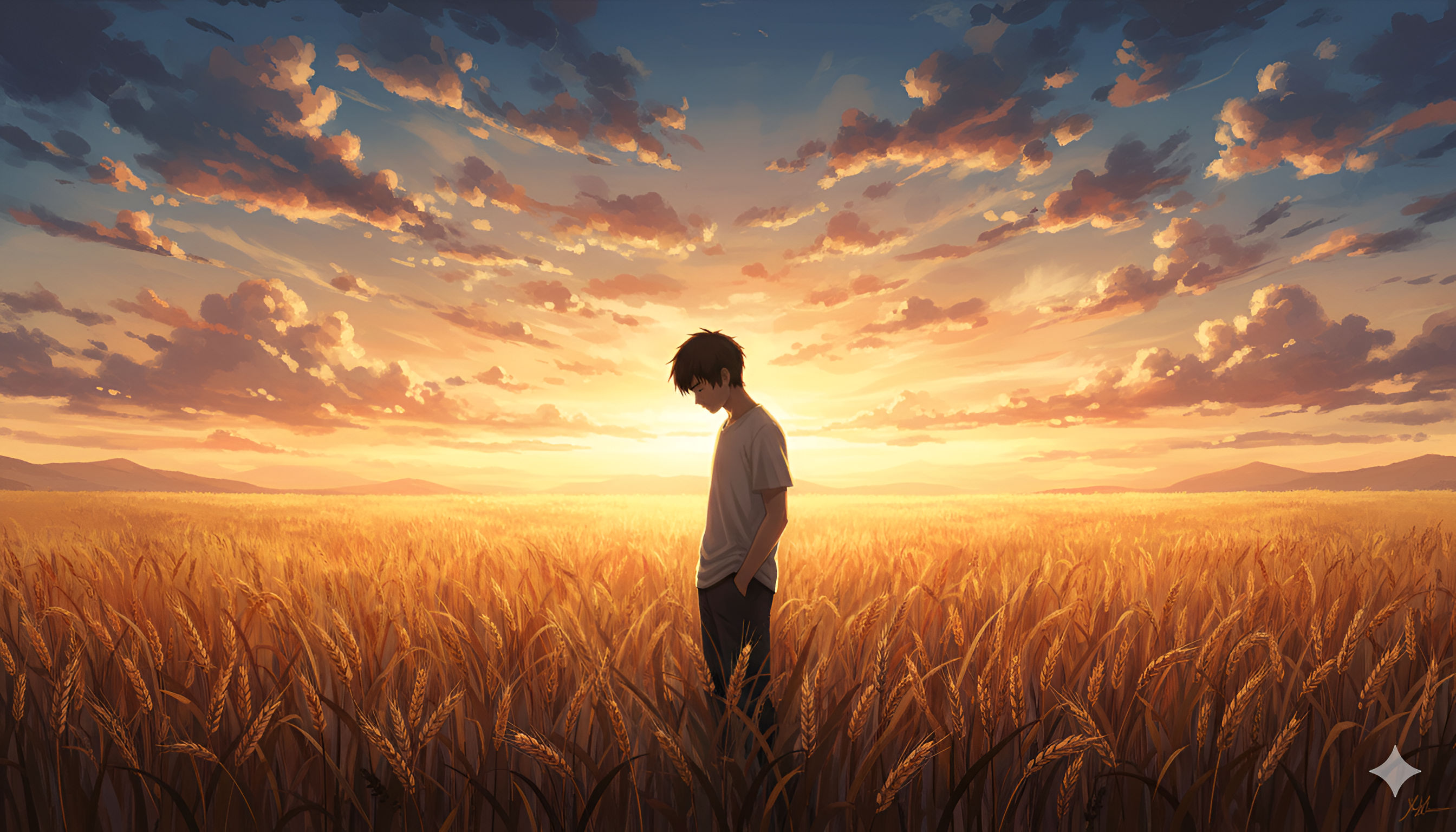 Golden Hour Reflection: Solitary Figure in a Wheat Field at Sunset