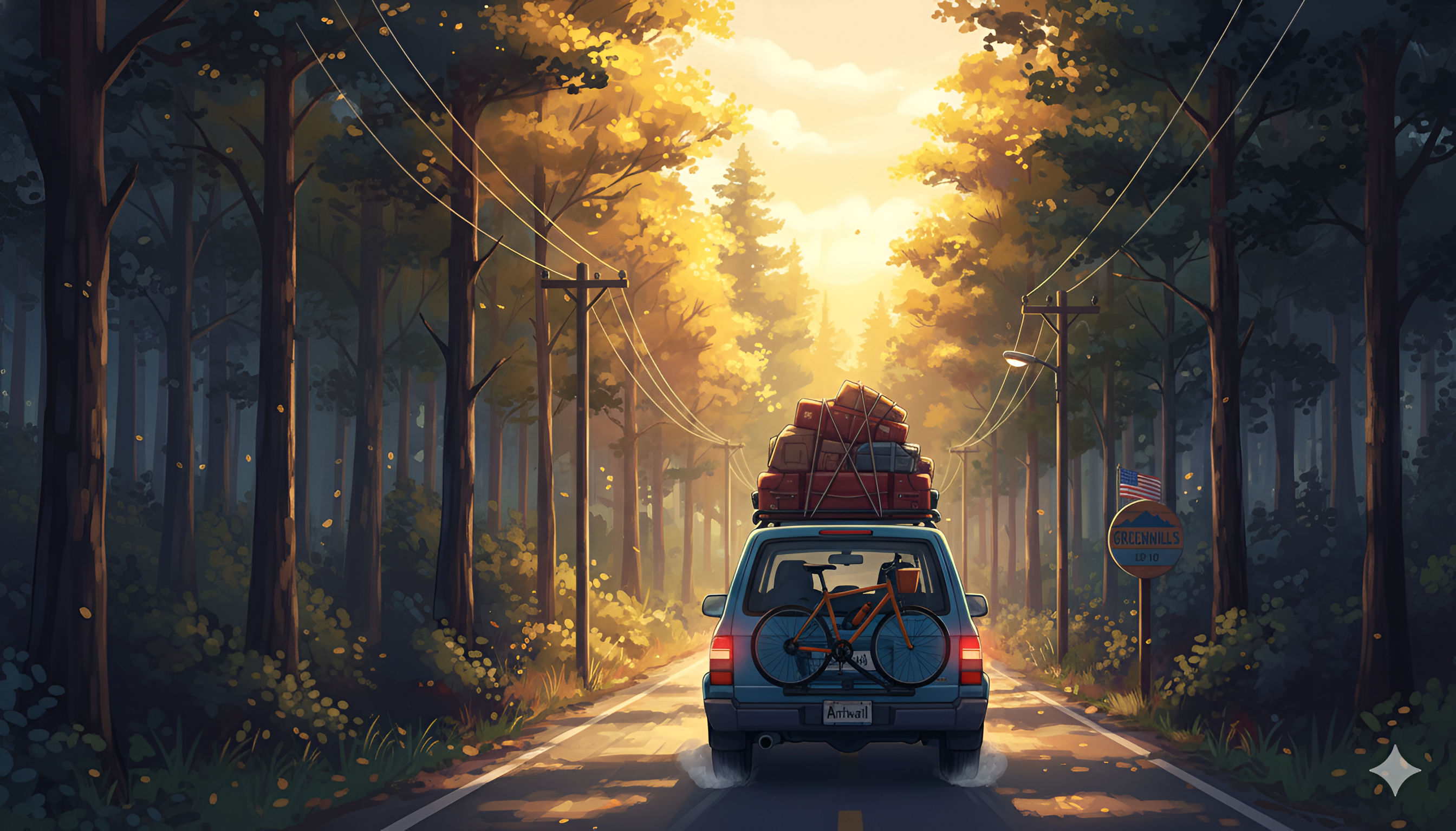 Golden Forest Road Trip Aesthetic – Anime Adventure Drive