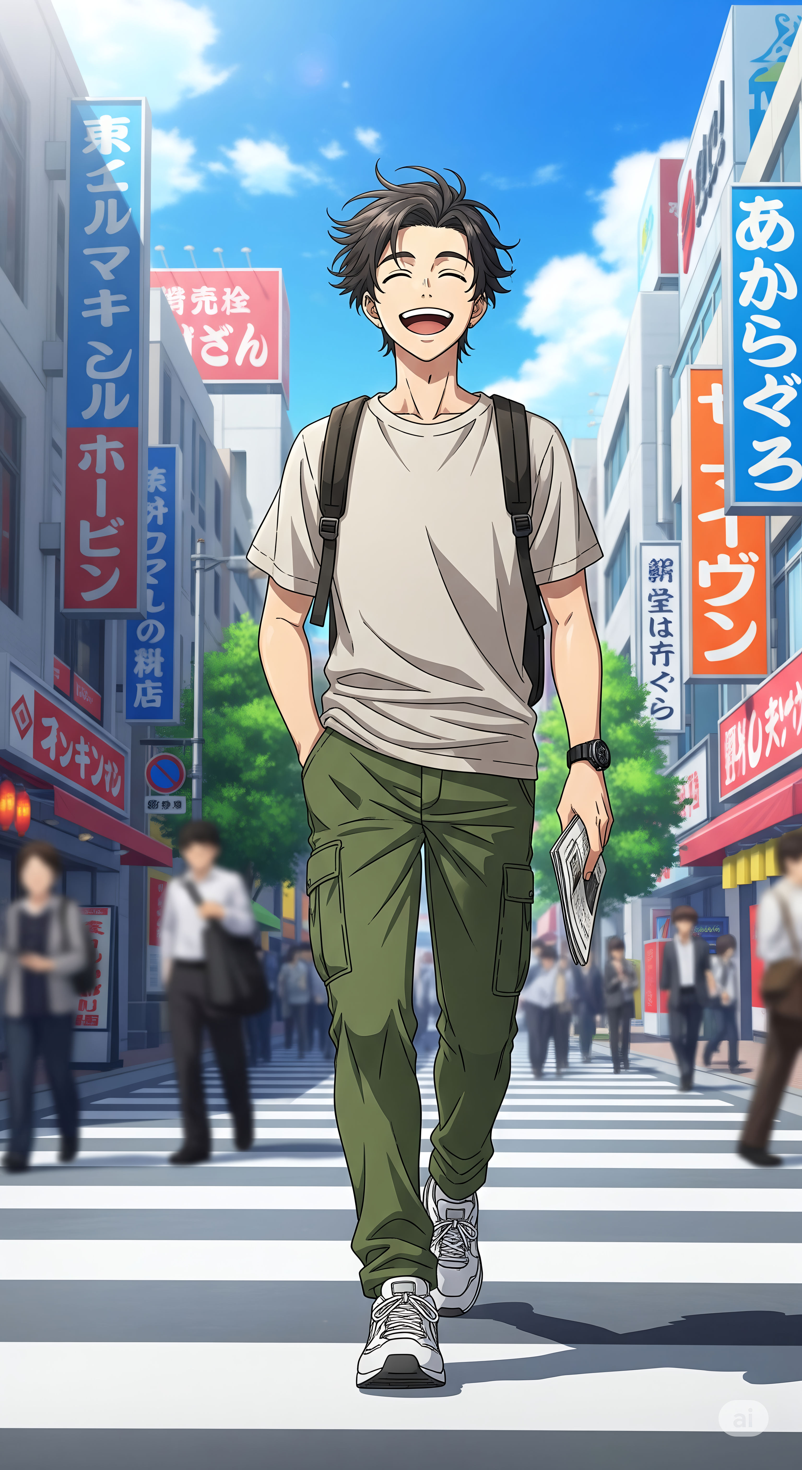 Cheerful Anime Man Crossing City Street