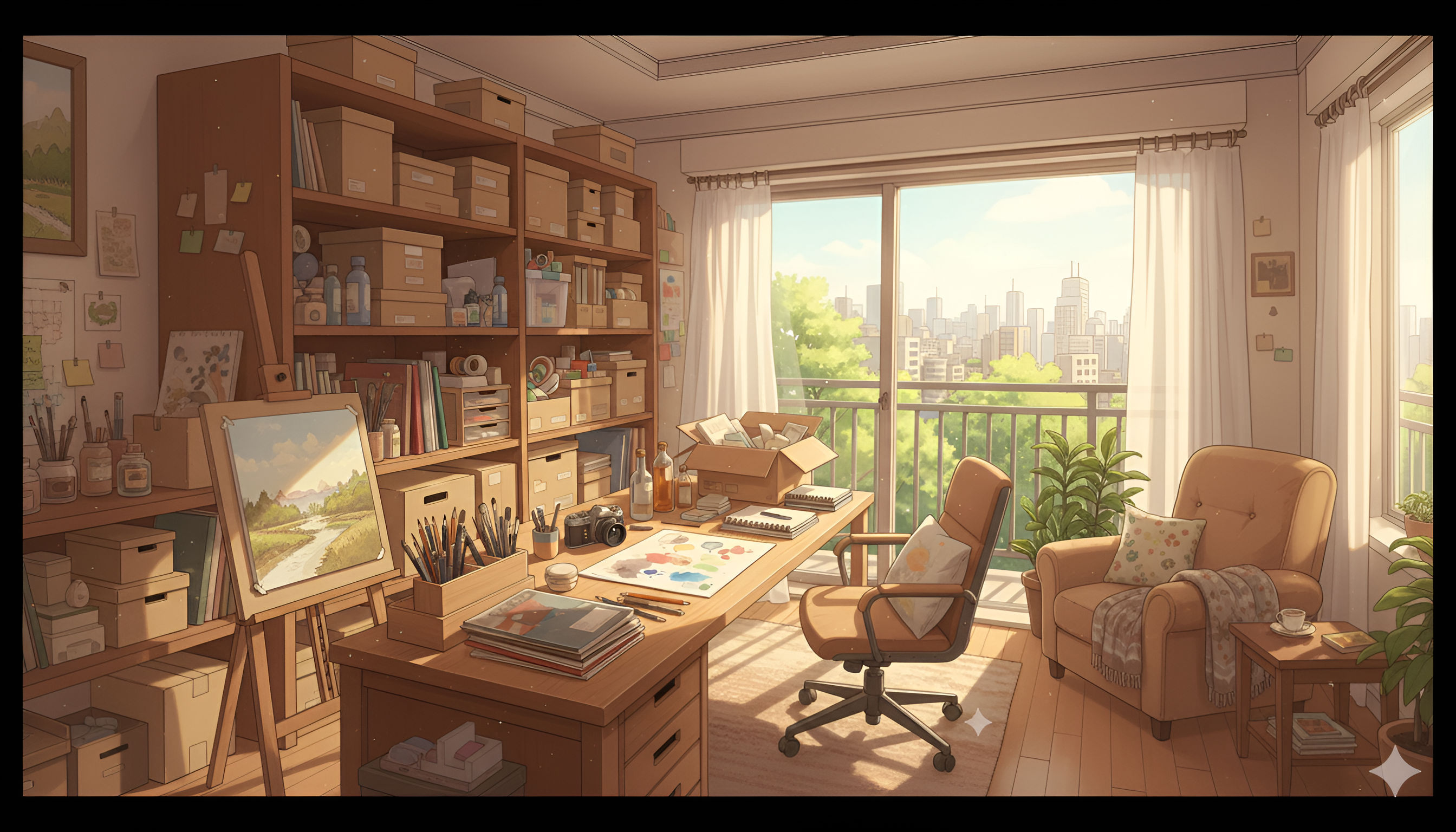 Cozy Anime Art Studio – Sunlight City Balcony View