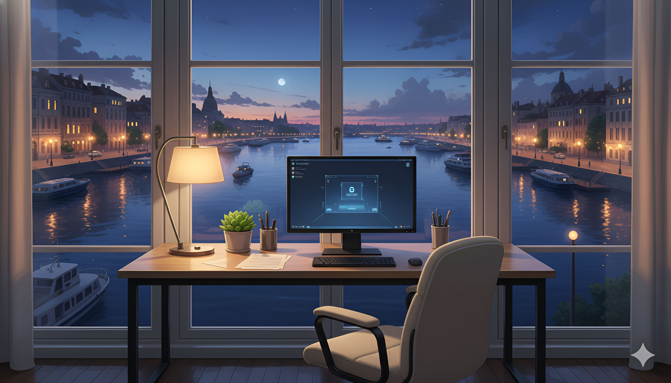 Desk View Lofi City River Night Anime Aesthetic Wallpaper