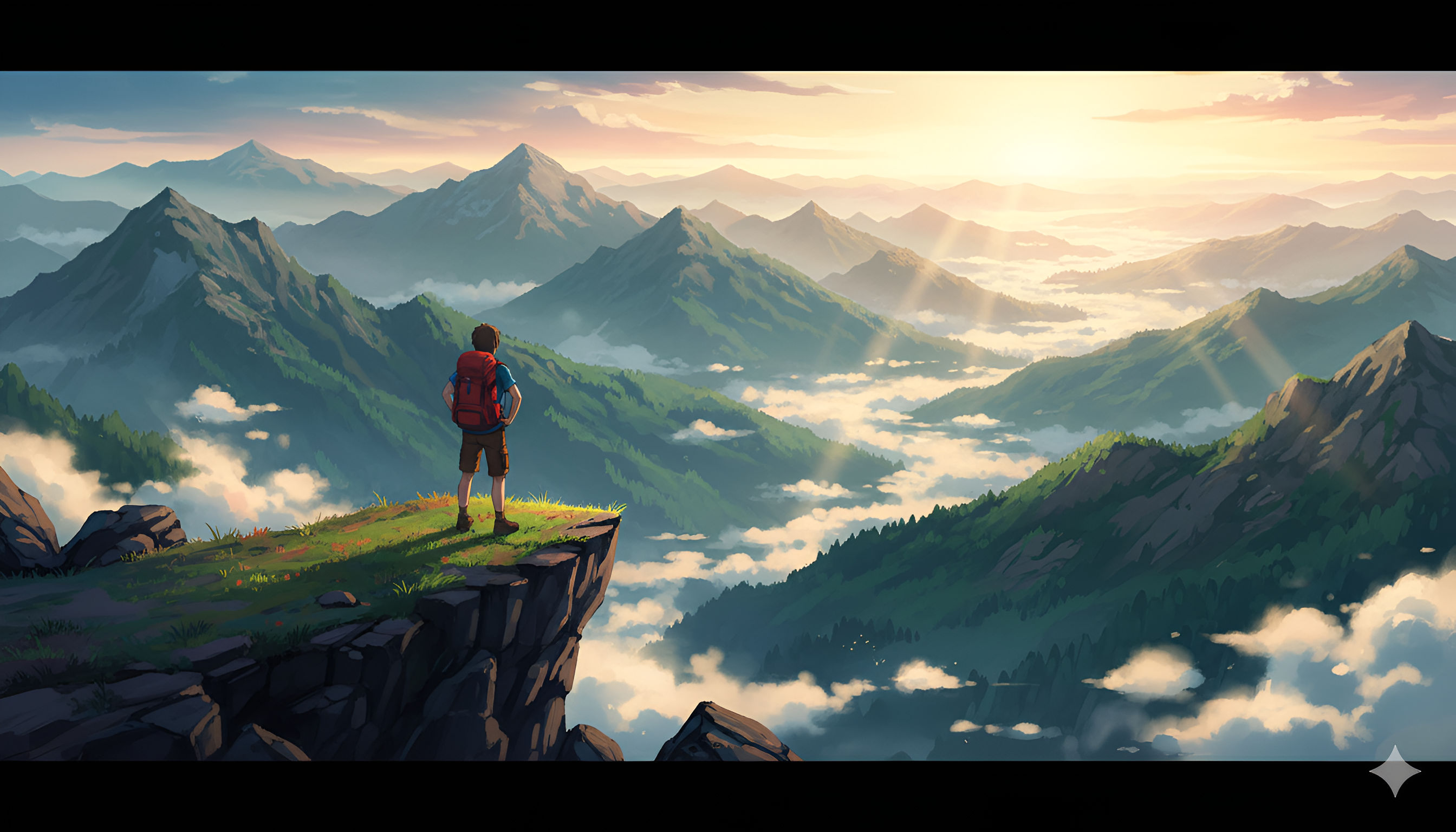 Mountain Summit Sunrise: Hiker Overlooking Cloud-Covered Valley