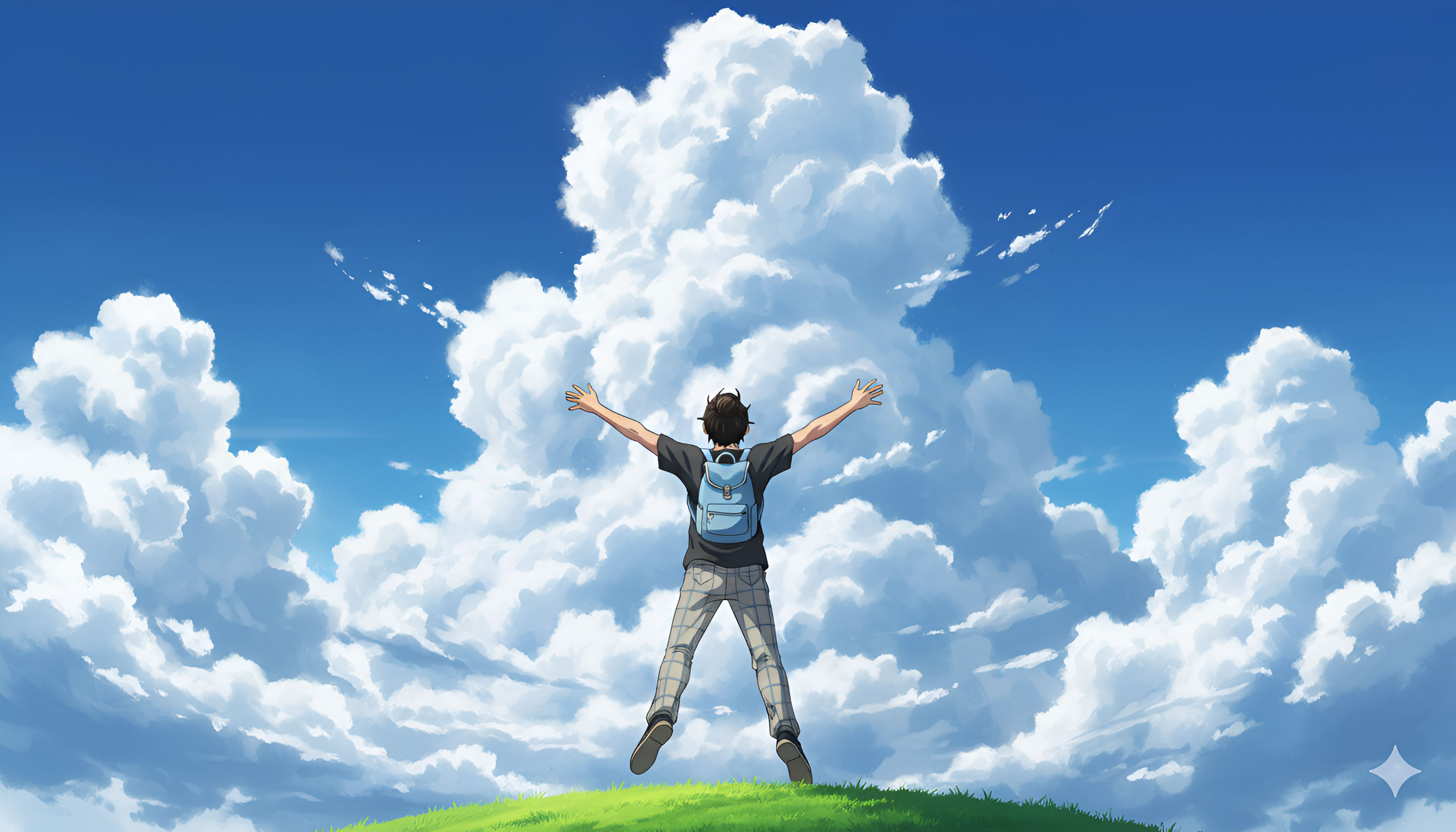 Triumph Under the Sky: Anime Boy with Arms Raised Before Giant Clouds