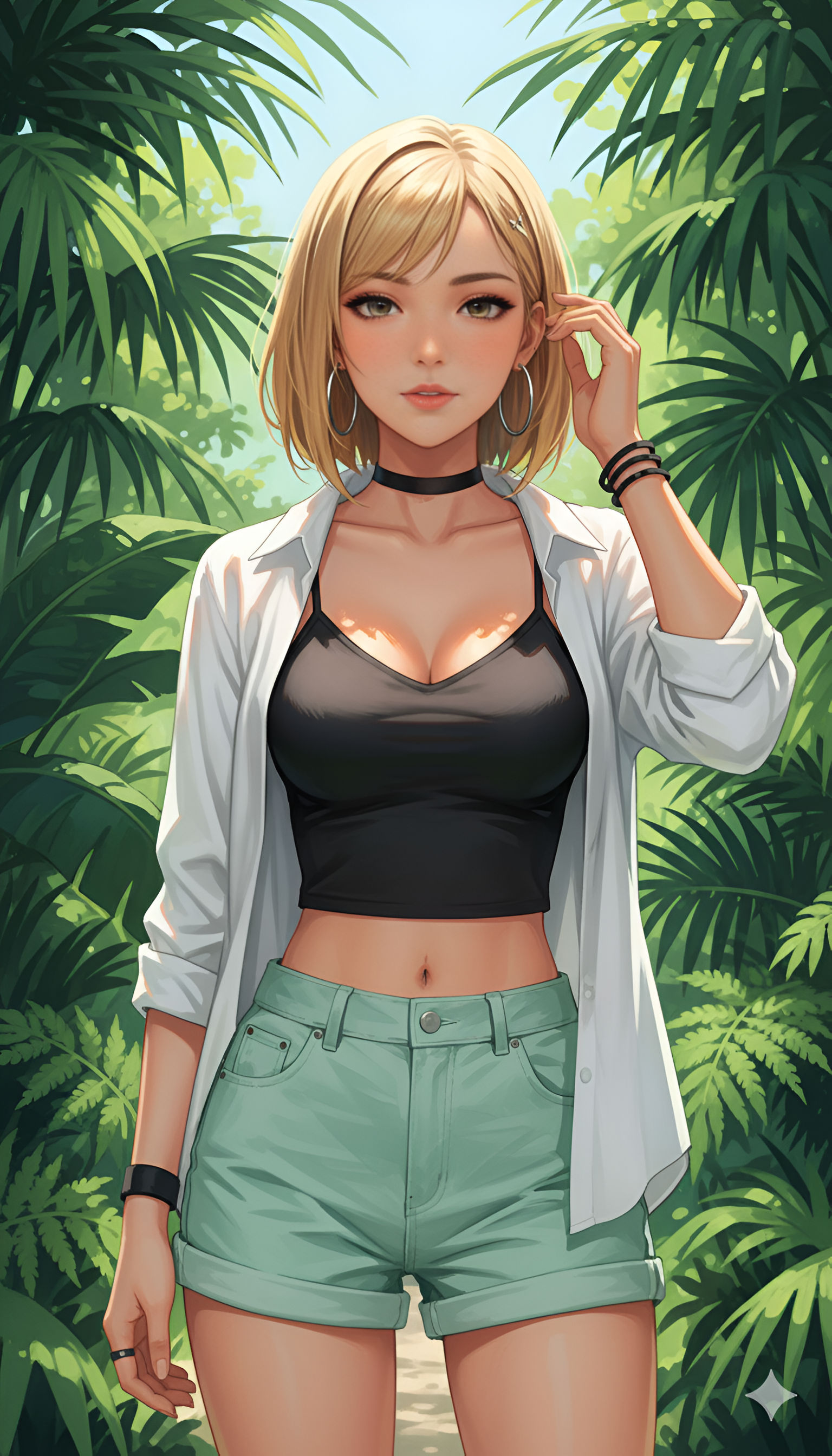 Tropical Vibe – Blonde Anime Girl in Lush Jungle Setting