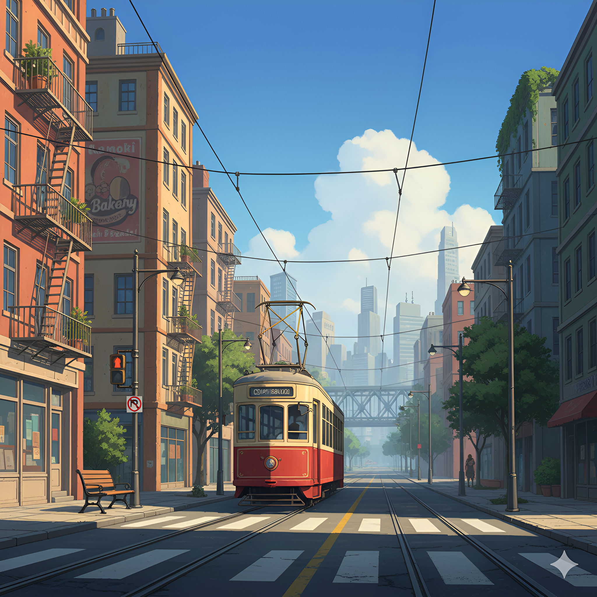 Quiet City Streetcar – Sunny Urban Anime Landscape