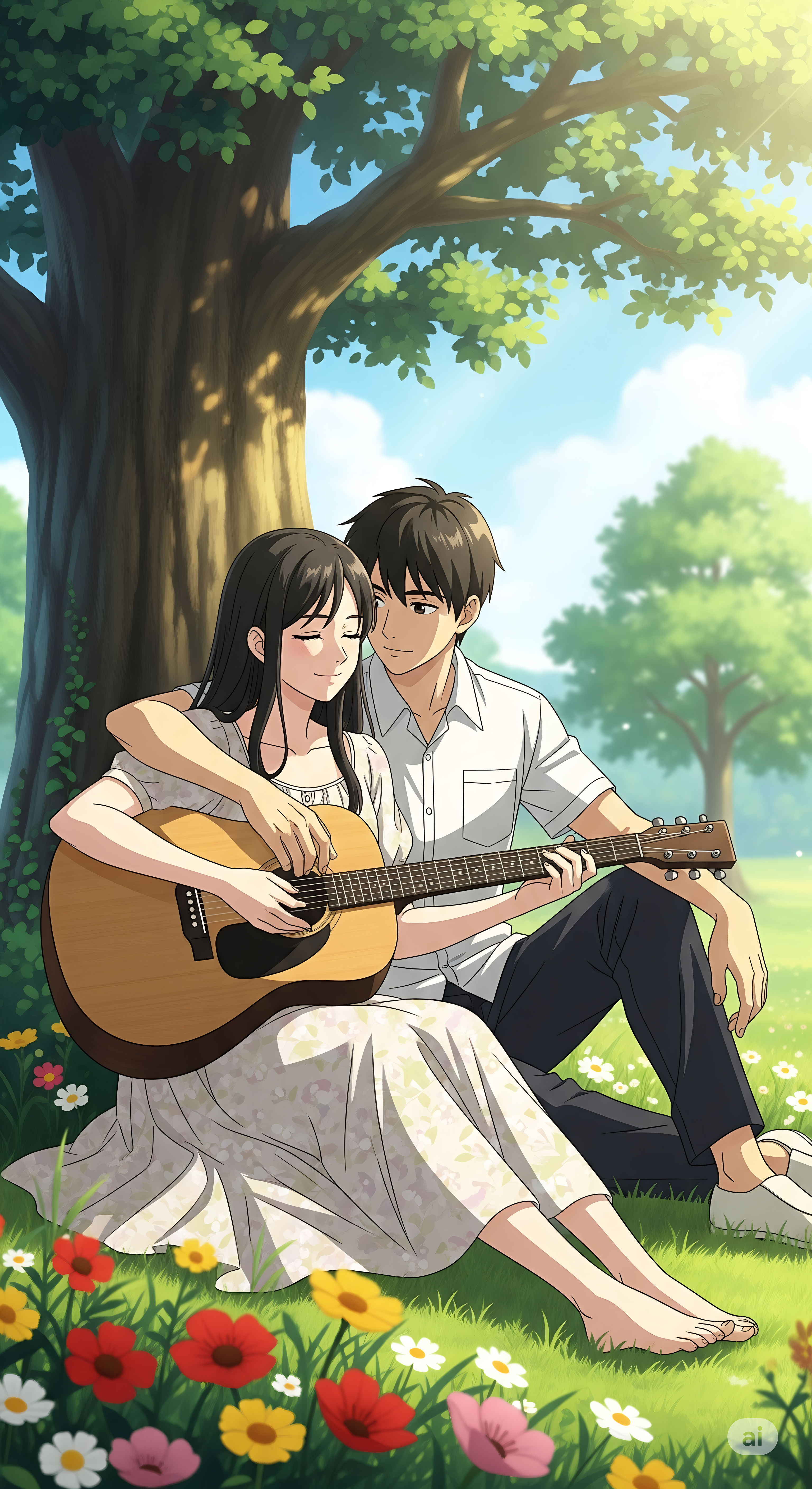 Anime Couple Playing Guitar Under a Tree