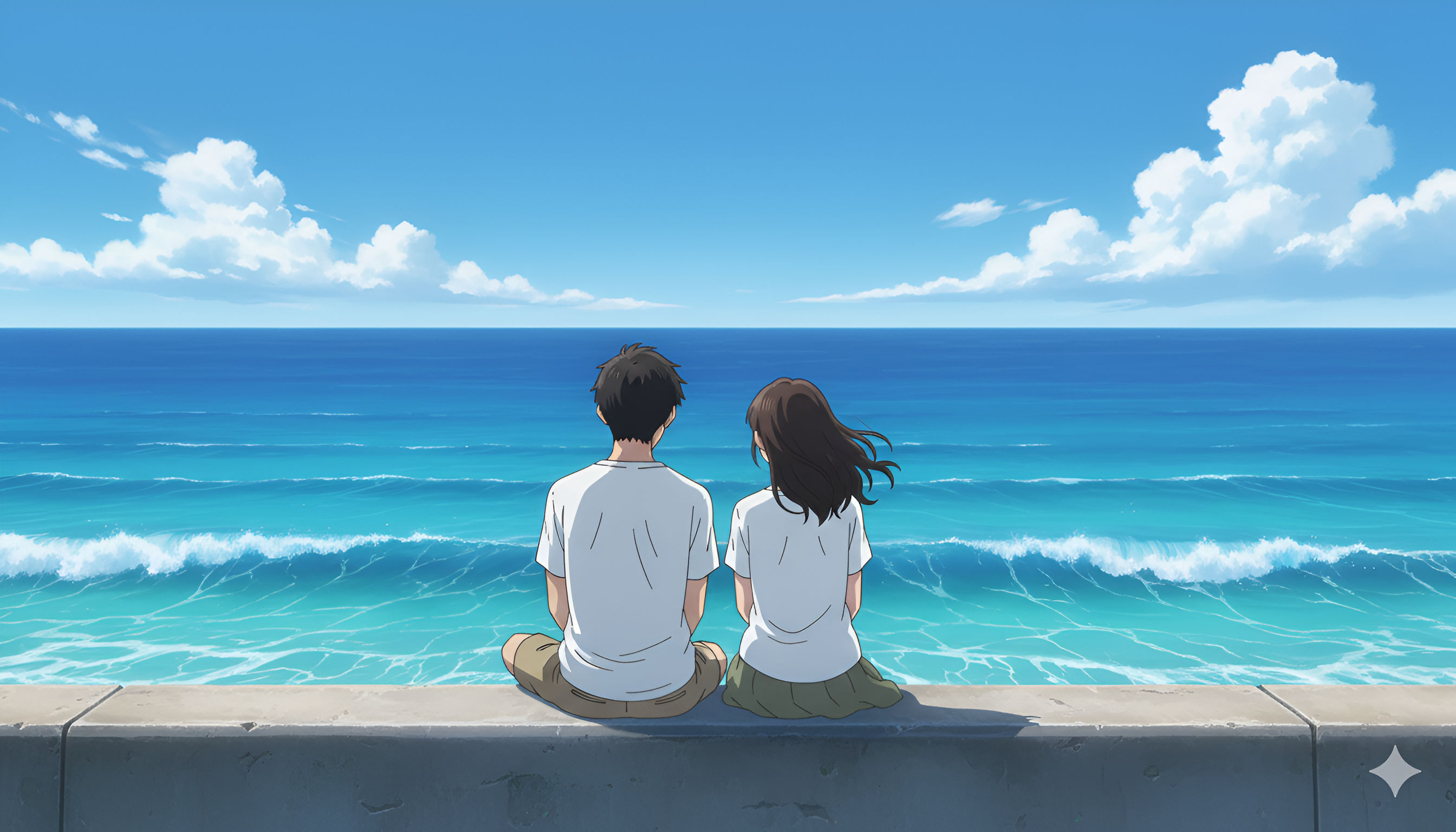 Ocean Horizon Serenity: Anime Couple Looking Out at the Sea