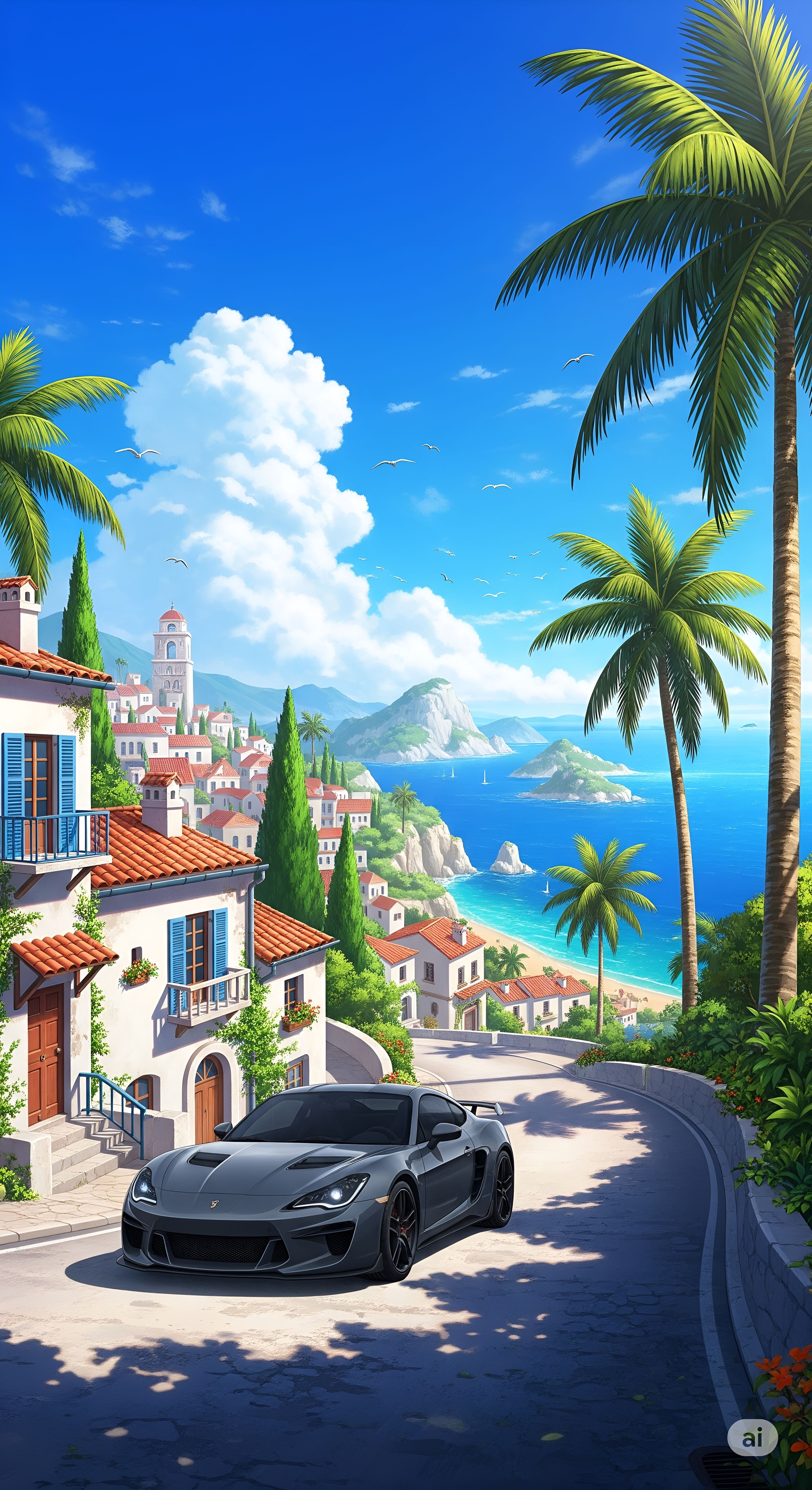 Sports Car on a Coastal Road in a Village