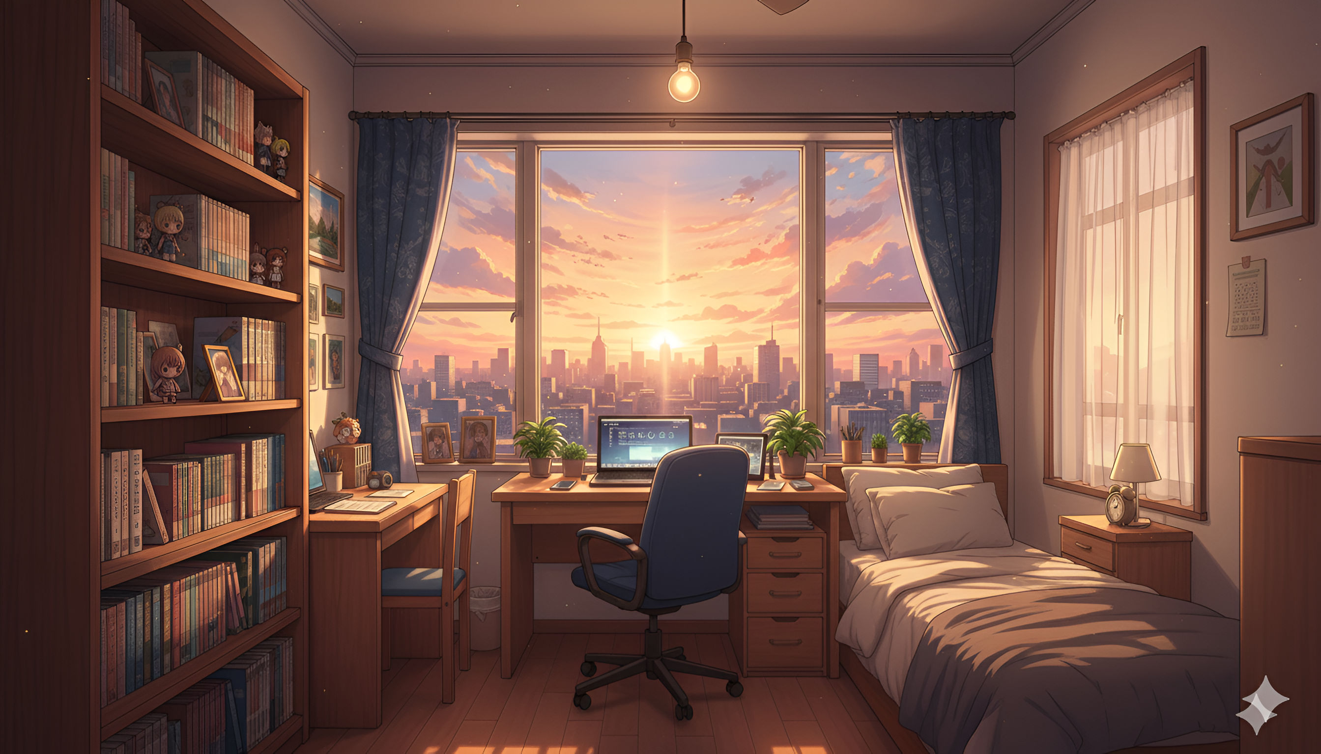 Anime Bedroom Sunset View – Study Desk & City Skyline