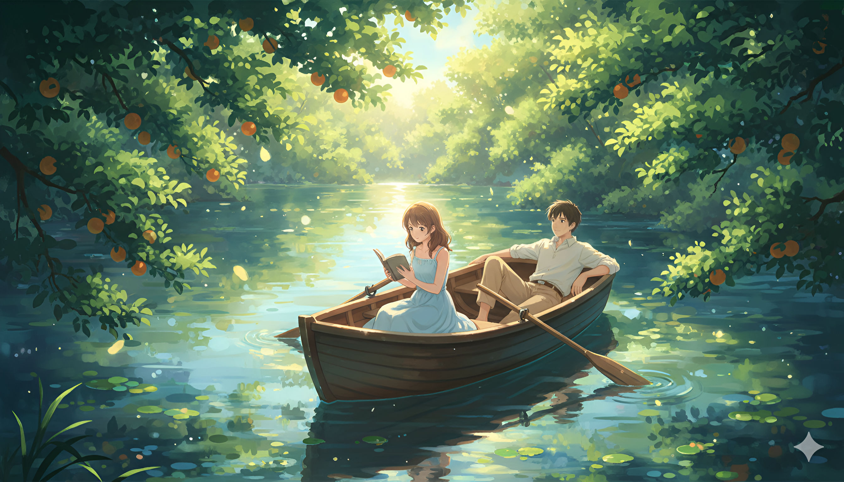 Sunlit River Romance: Couple Reading in a Lush Orange Orchard Boat
