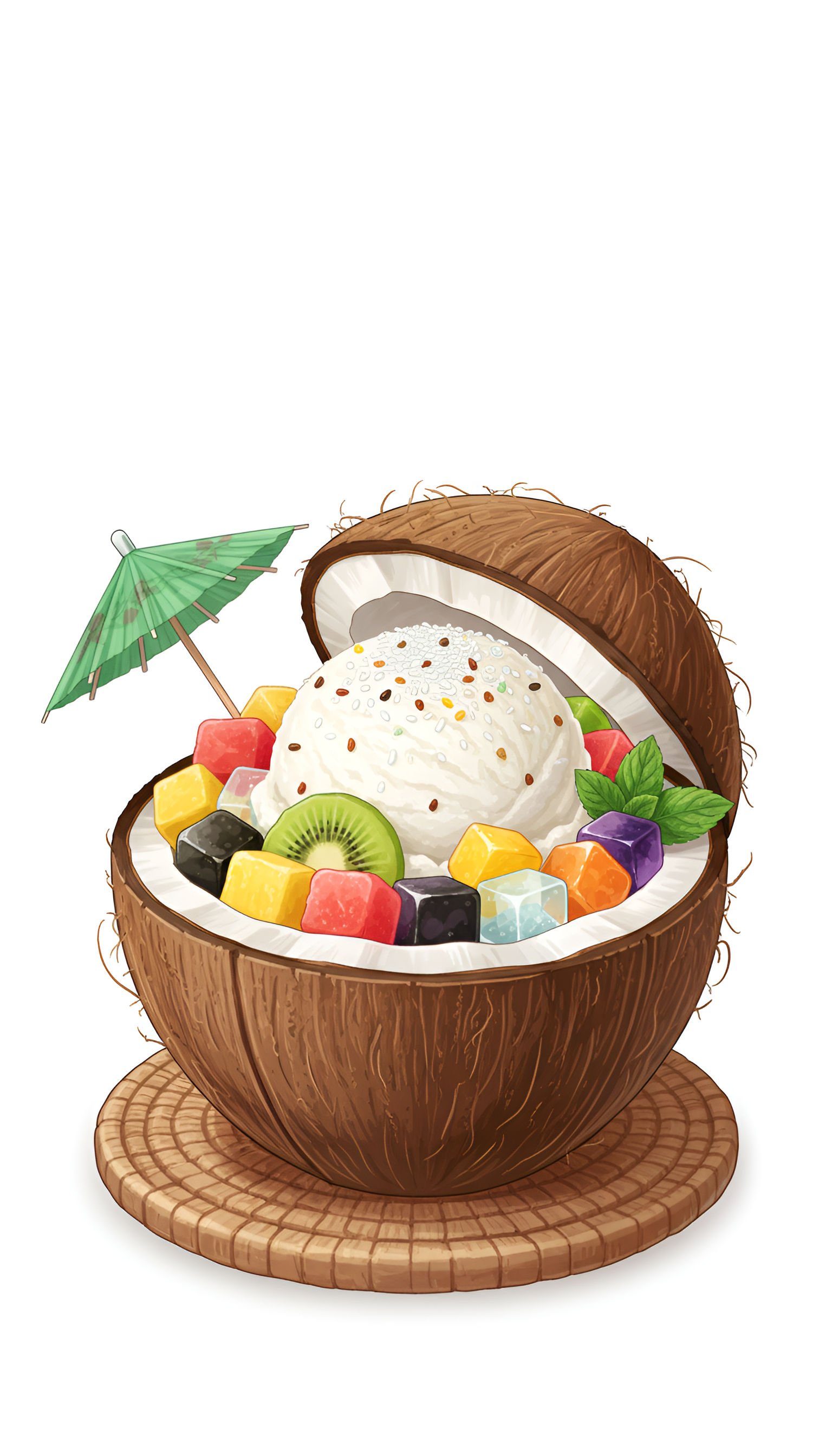 Tropical Coconut Sundae: Ice Cream and Cubed Fruit Dessert