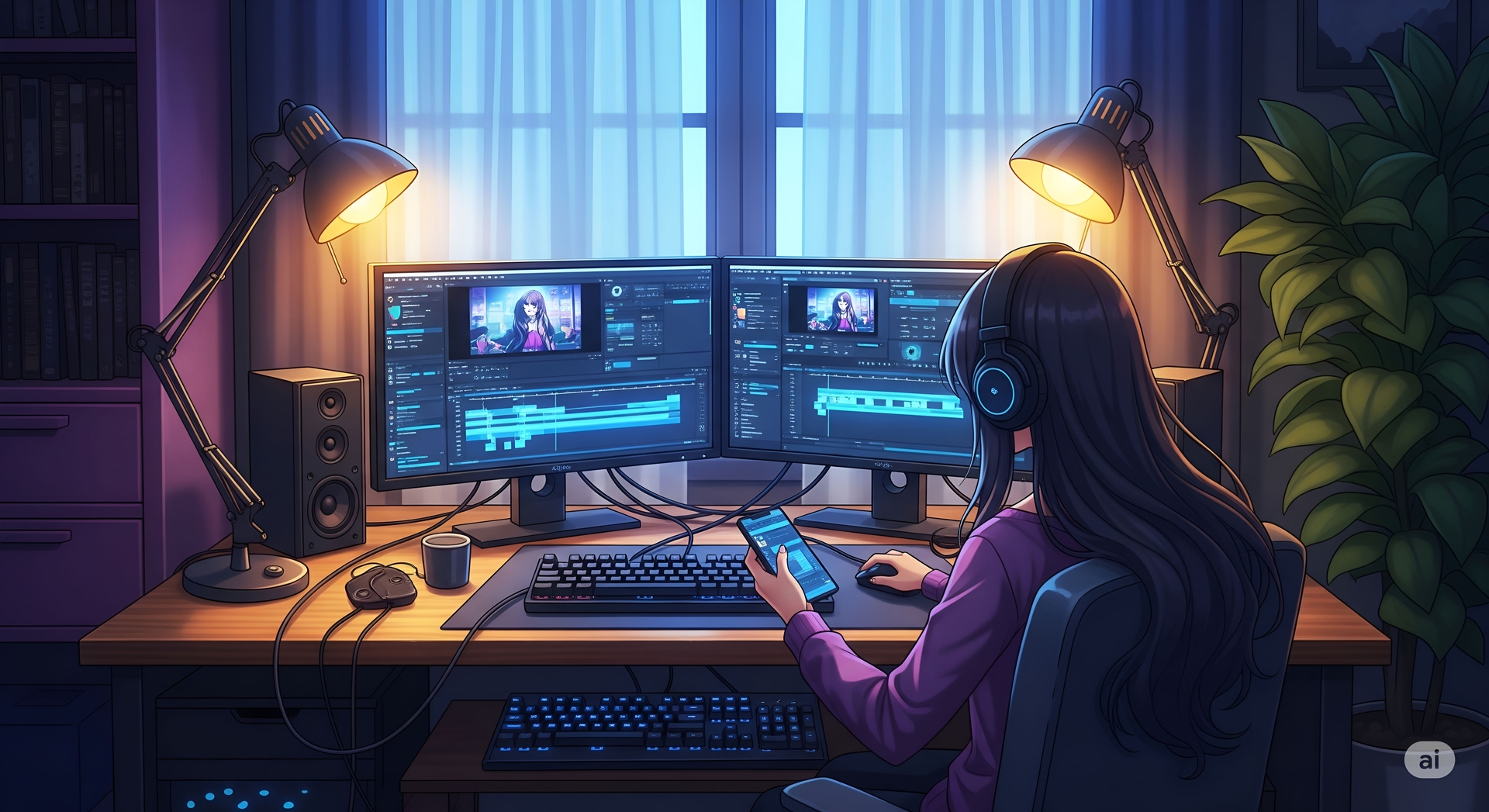 Woman Video Editor at a Dual Monitor Setup