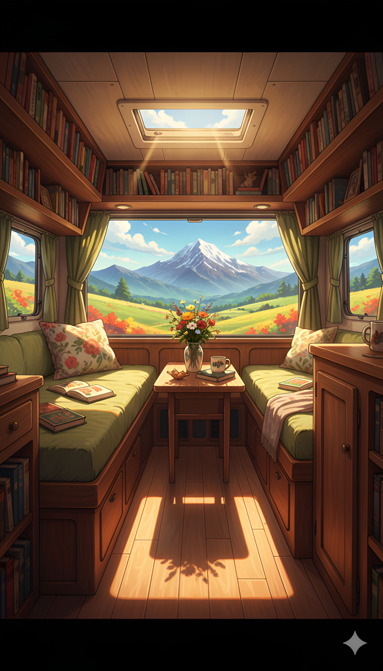 Cozy Camper Interior with Library and Mountain View (or RV Book Nook with Scenic Window)