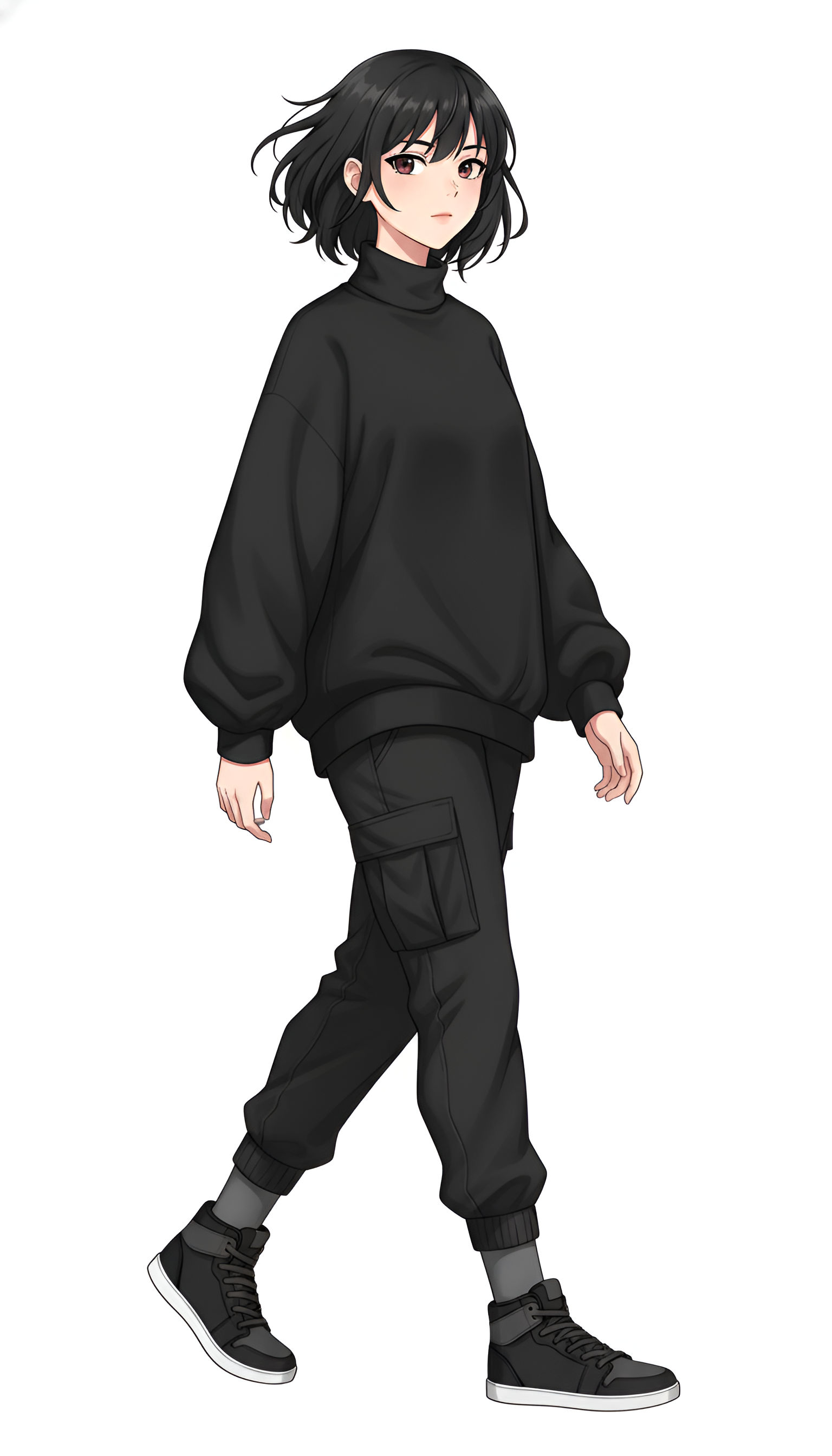 Monochrome Street Style – Black Turtleneck Anime Girl
