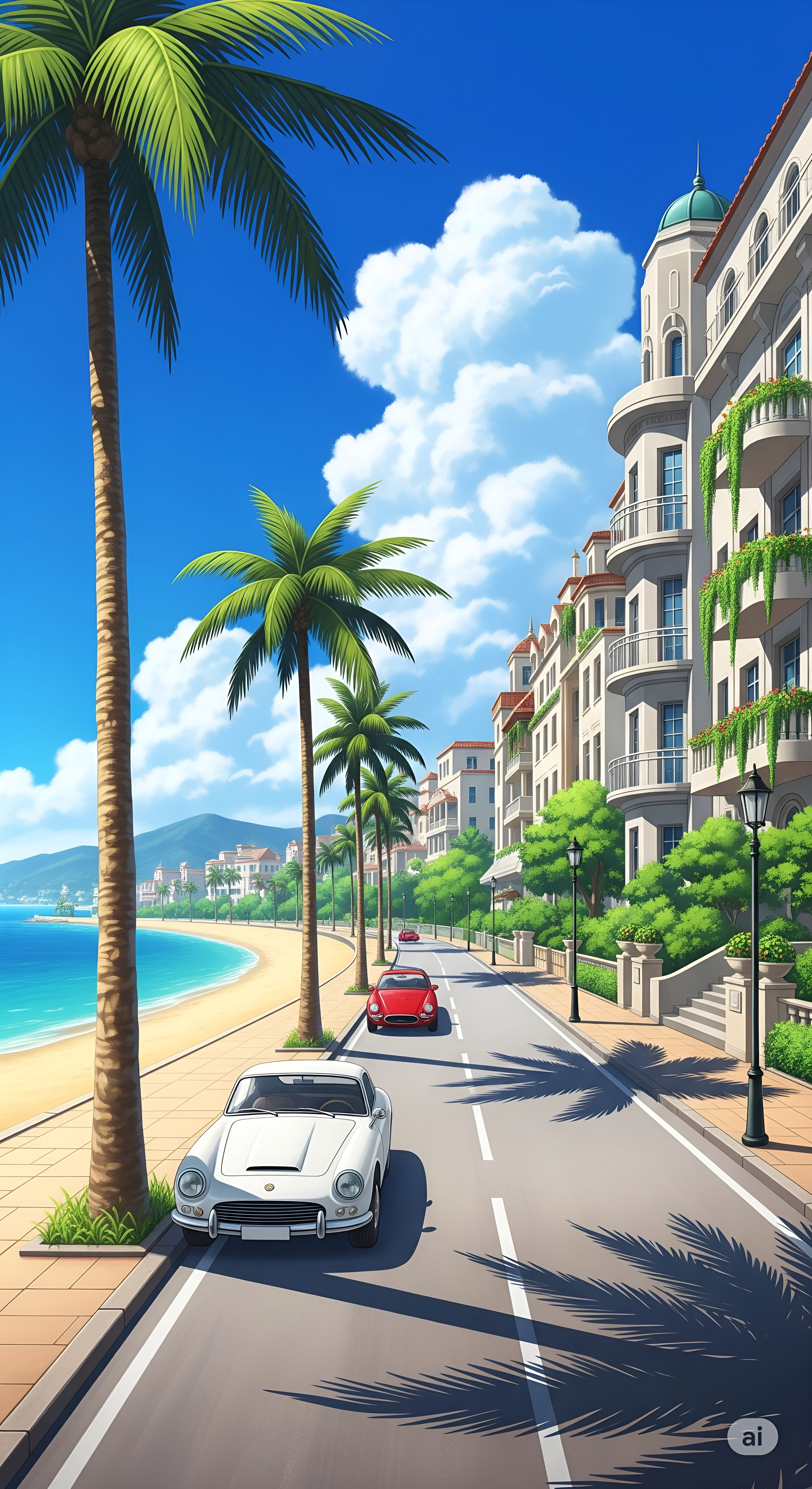 Coastal Road with Classic Cars and Palm Trees