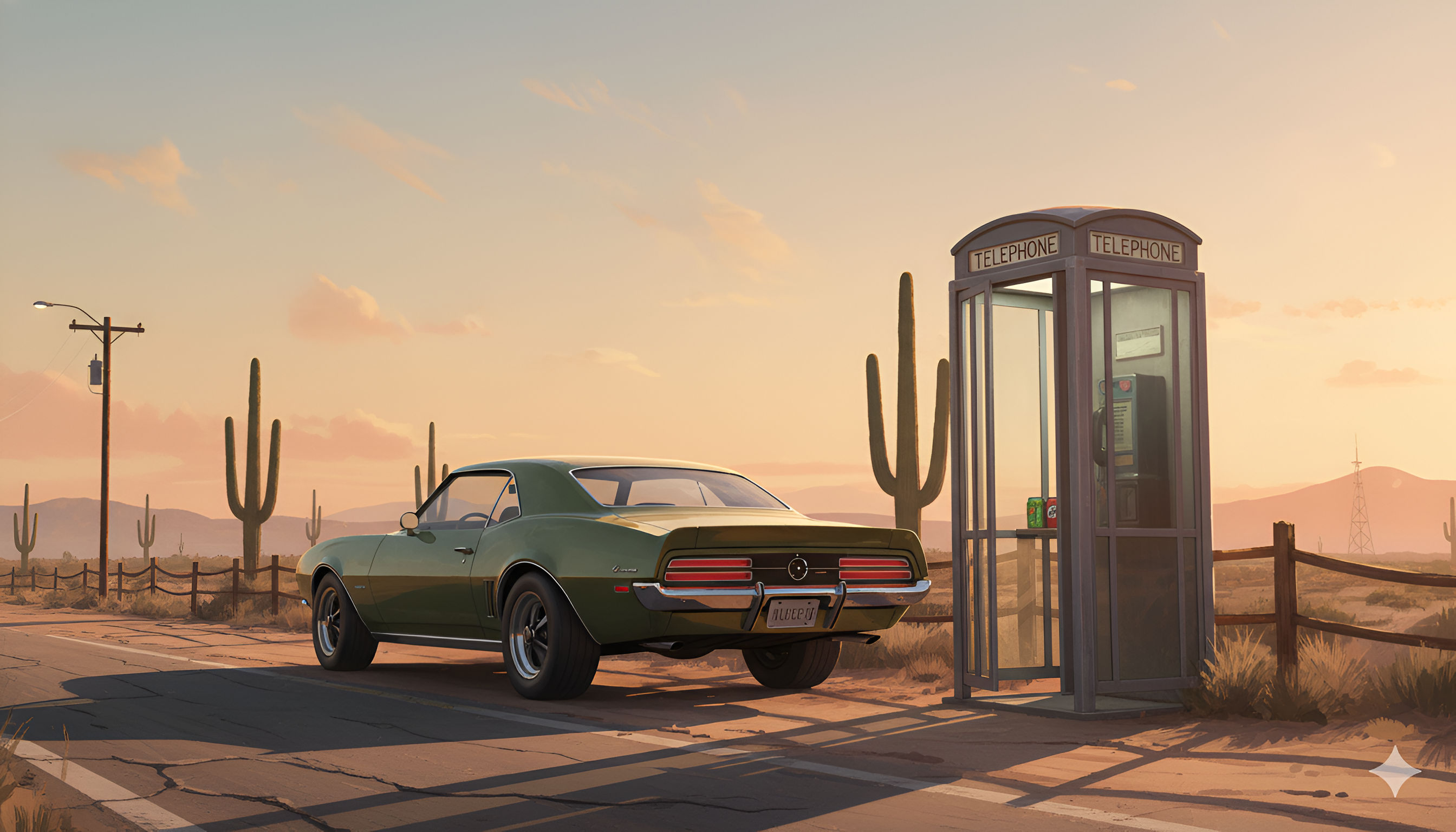 Green Muscle Car: Desert Roadside Telephone Booth Aesthetic