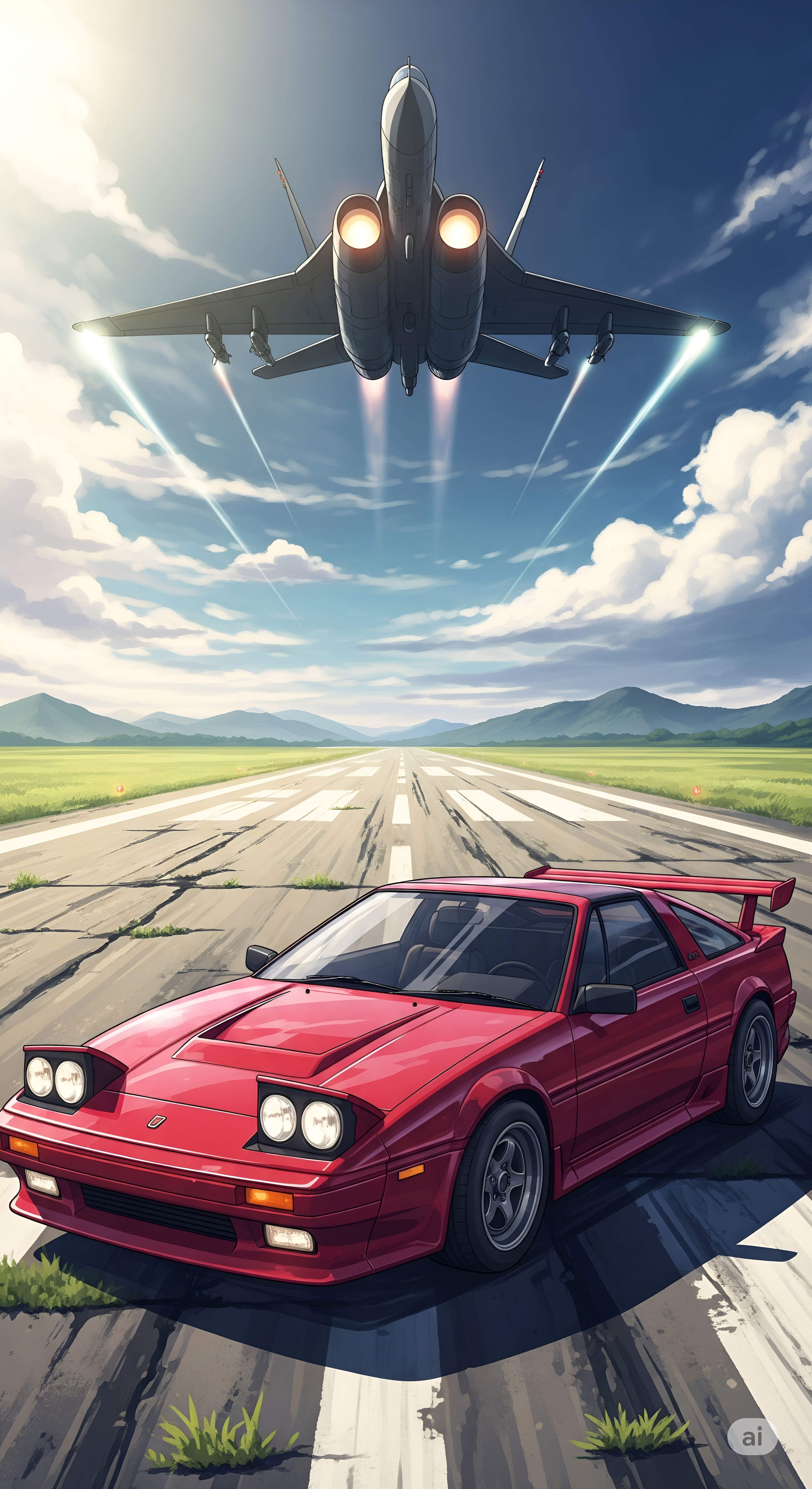 Jet and Red Sports Car on the Runway