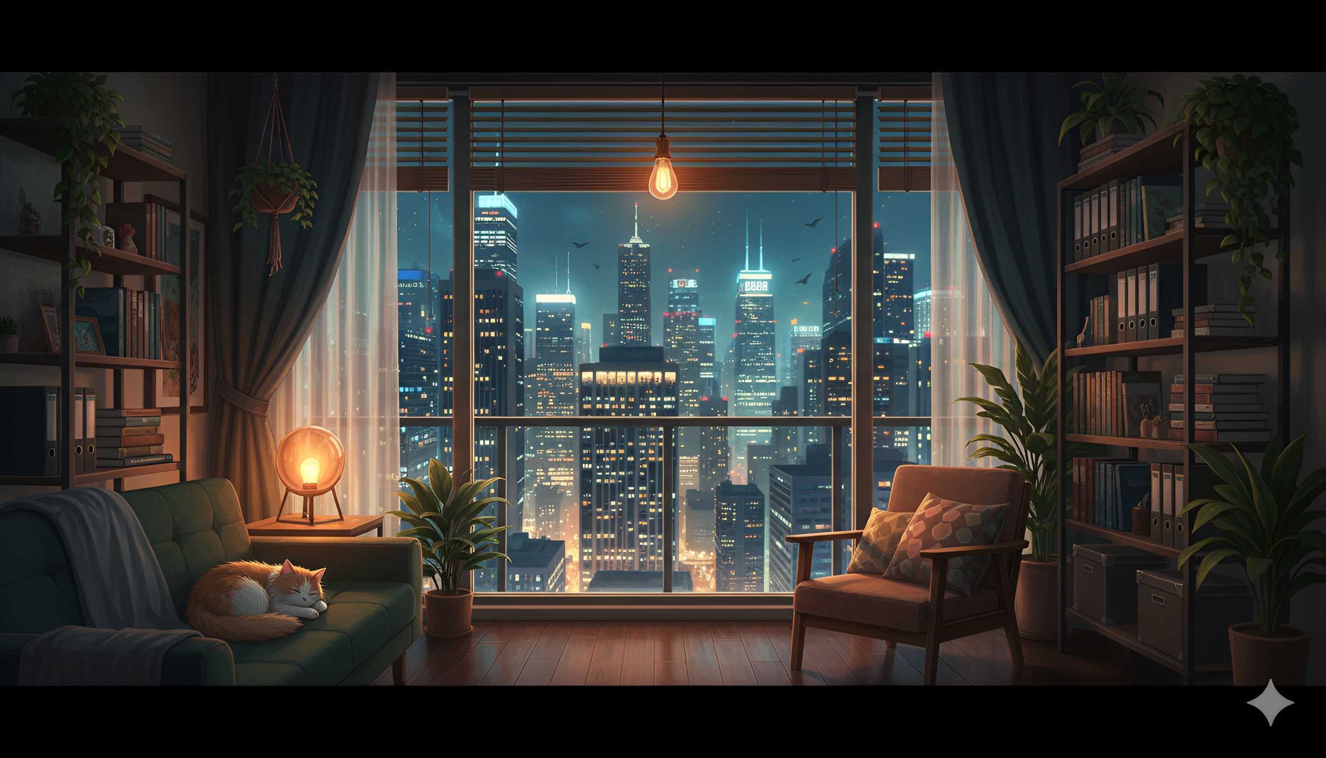 Cozy Lofi Anime Apartment – Cat Sleeping by Night City View