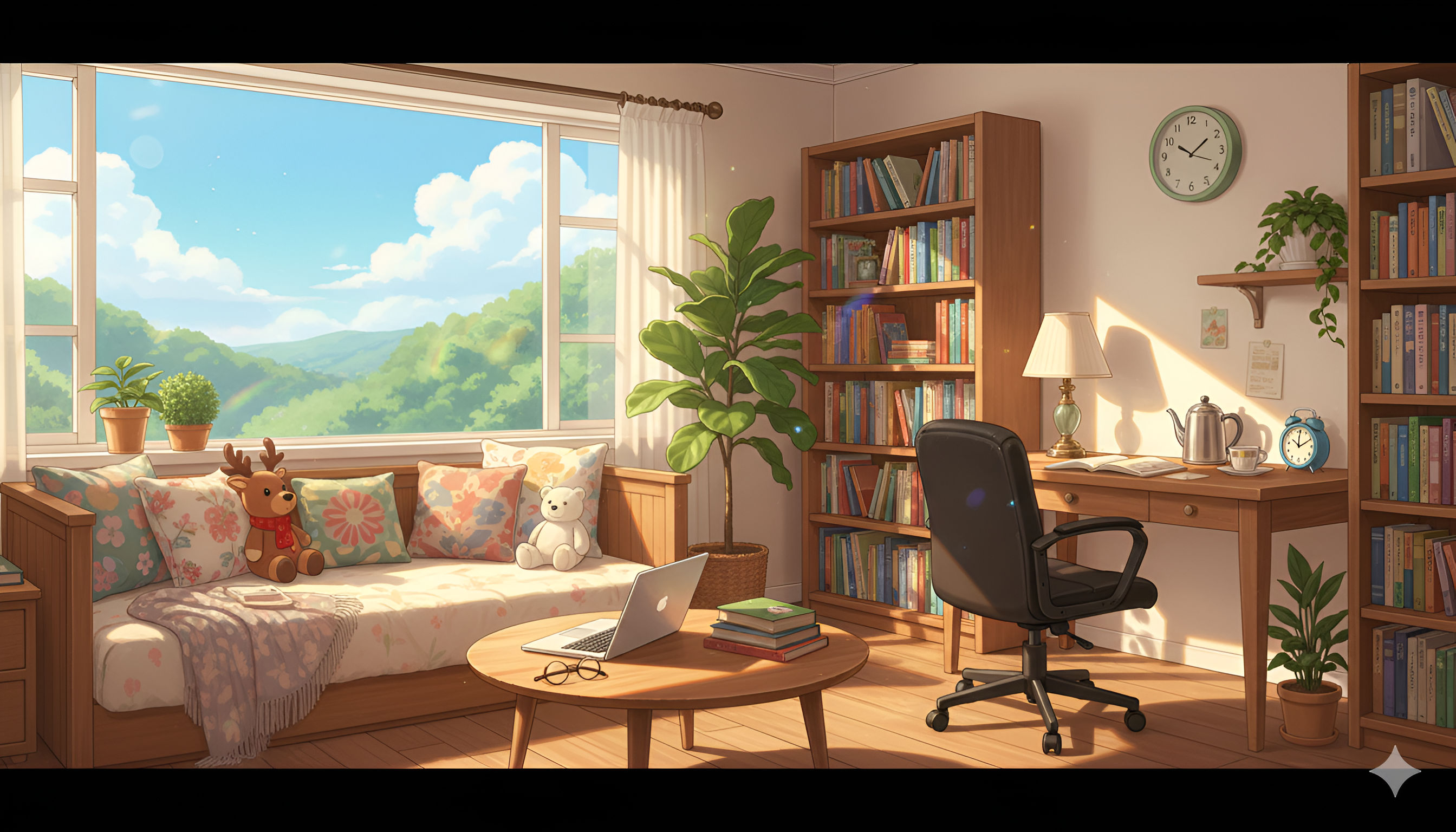 Bright Anime Reading Room – Sunny Countryside Window View