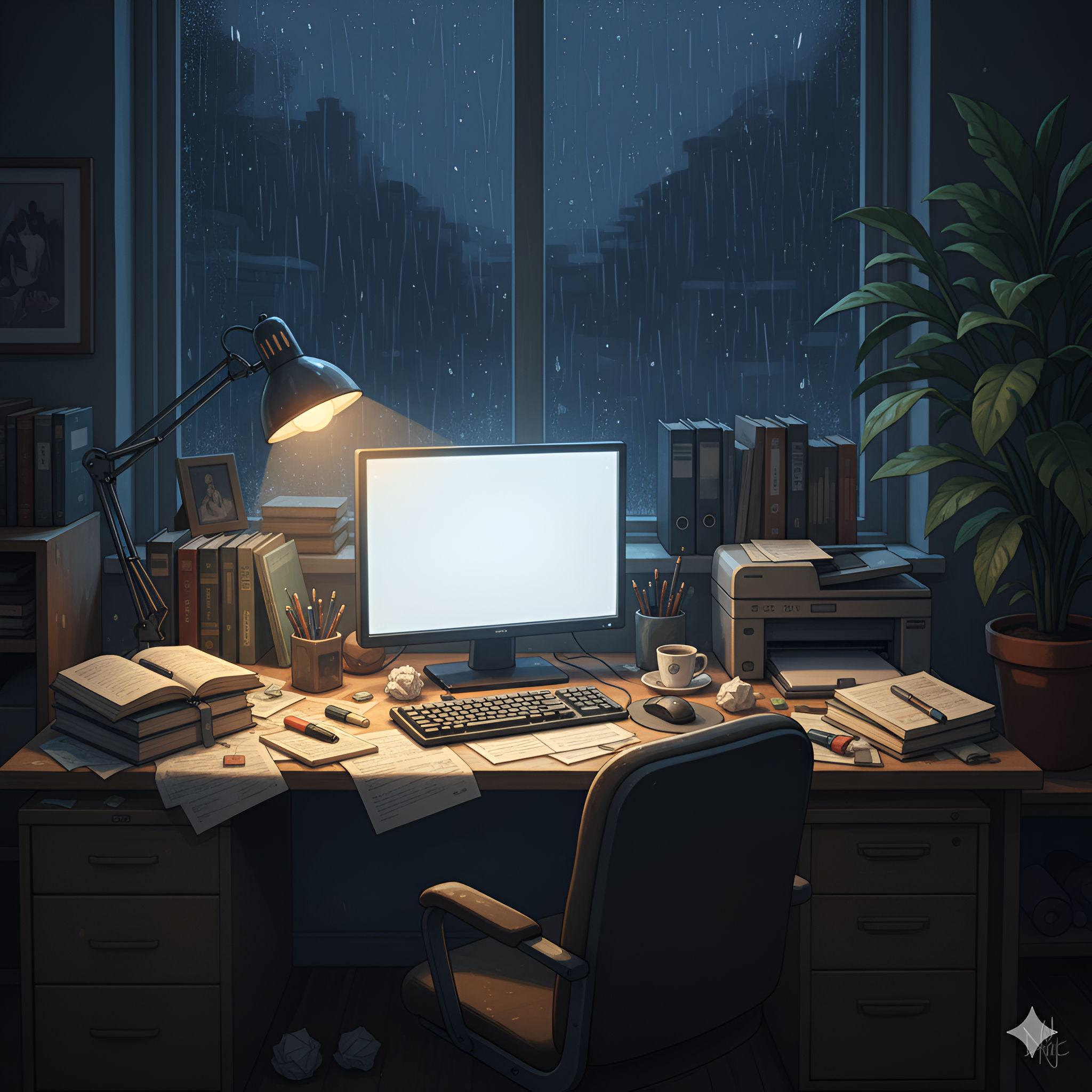 Rainy Night Study – Cozy Anime Desktop Workspace