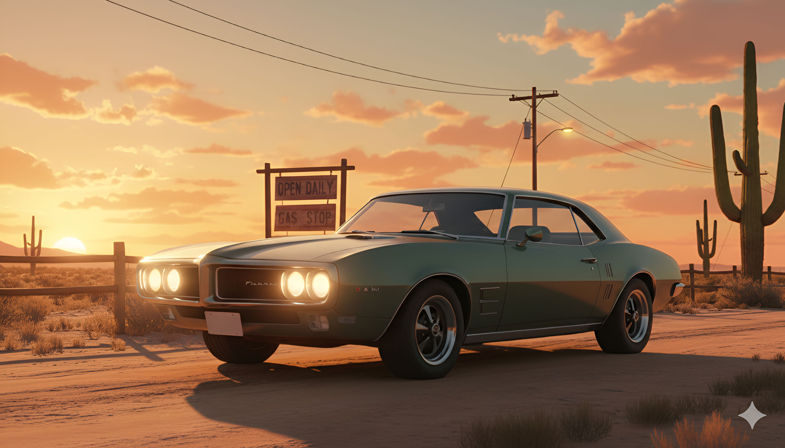 Vintage Muscle Car Sunset: Desert Road Gas Stop Aesthetic