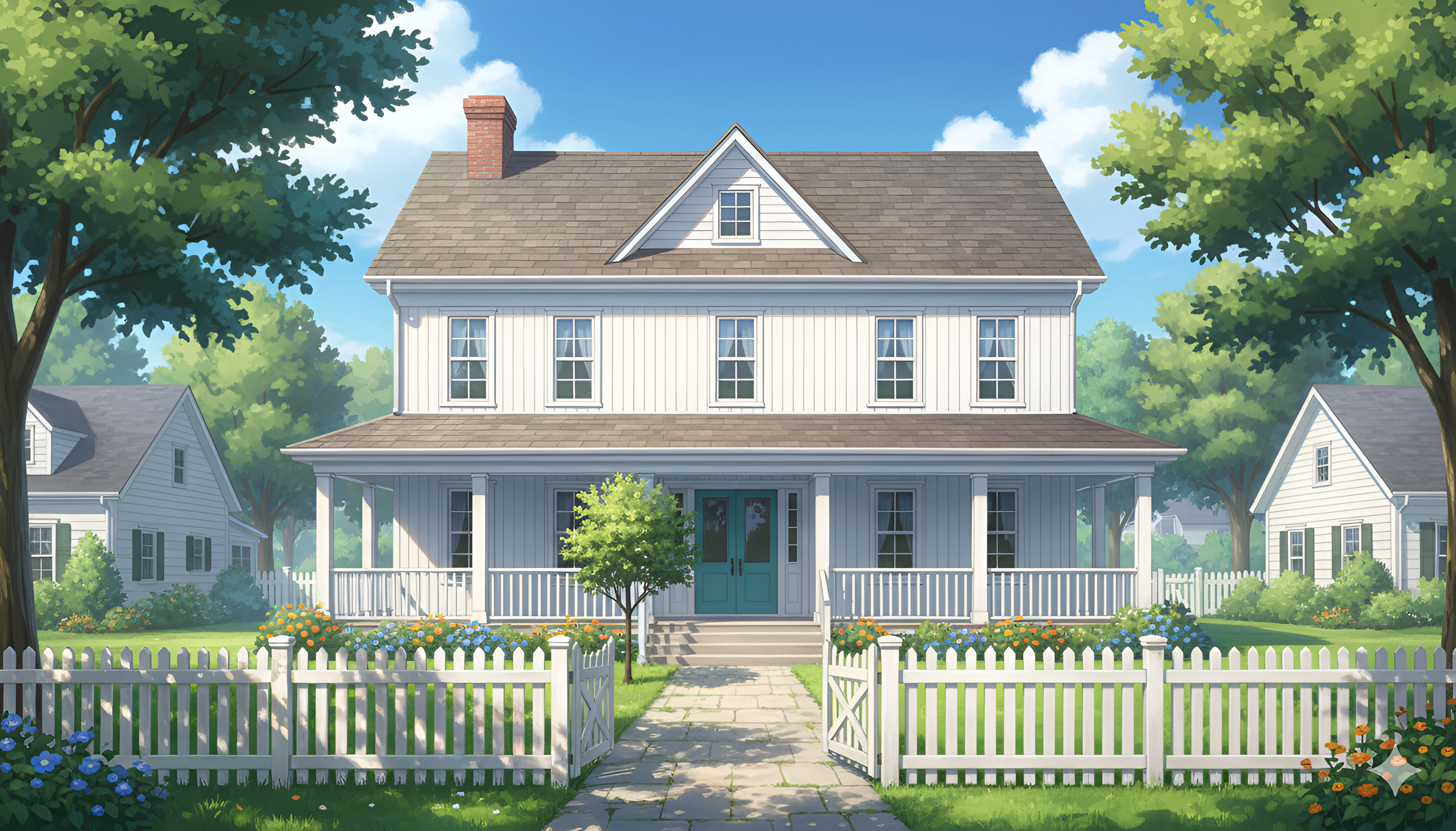 Suburban White House – Sunny Anime Neighborhood Scene