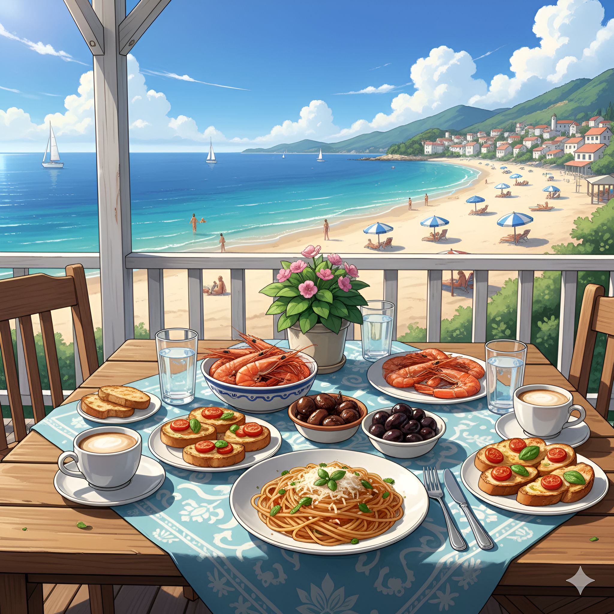 Al Fresco Lunch with Mediterranean Beach View (or Seafood Pasta on a Sunny Balcony)