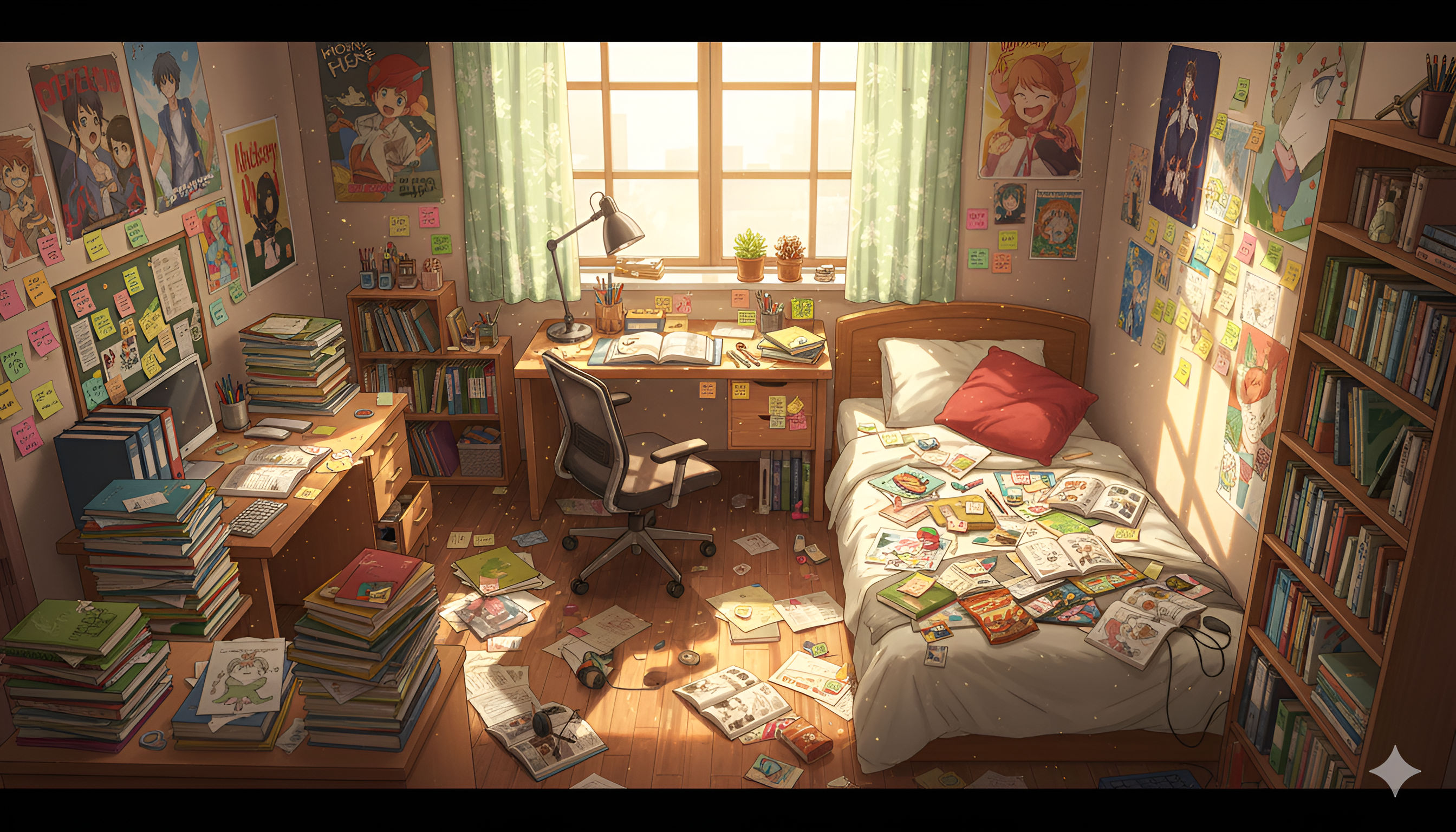 Cluttered Anime Fan's Room Student's Messy Study Space