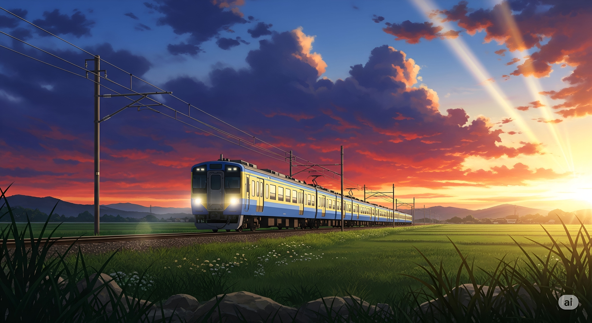 Train on the Tracks at Sunset