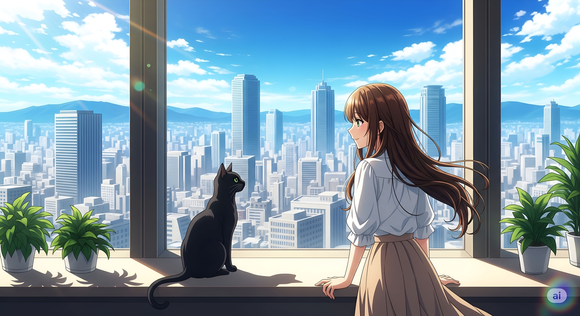 Woman and Cat Overlooking the City