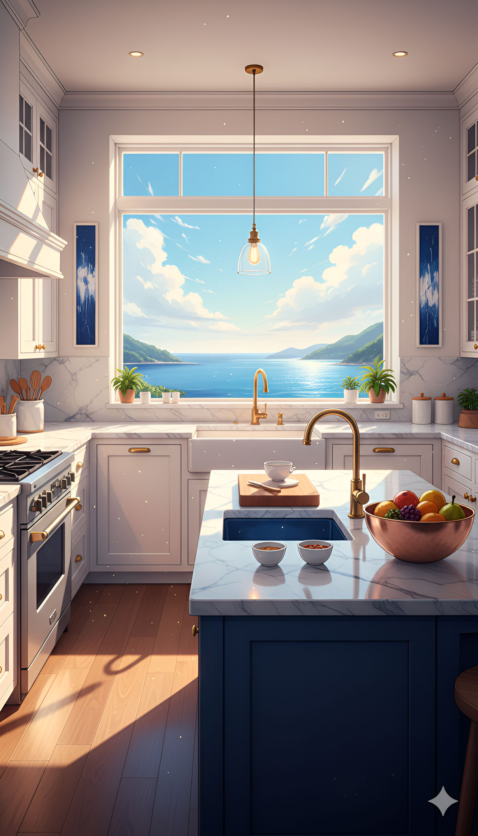 Luxury Kitchen with Panoramic Ocean View Window (or Coastal Dream Kitchen with Marble Counters)