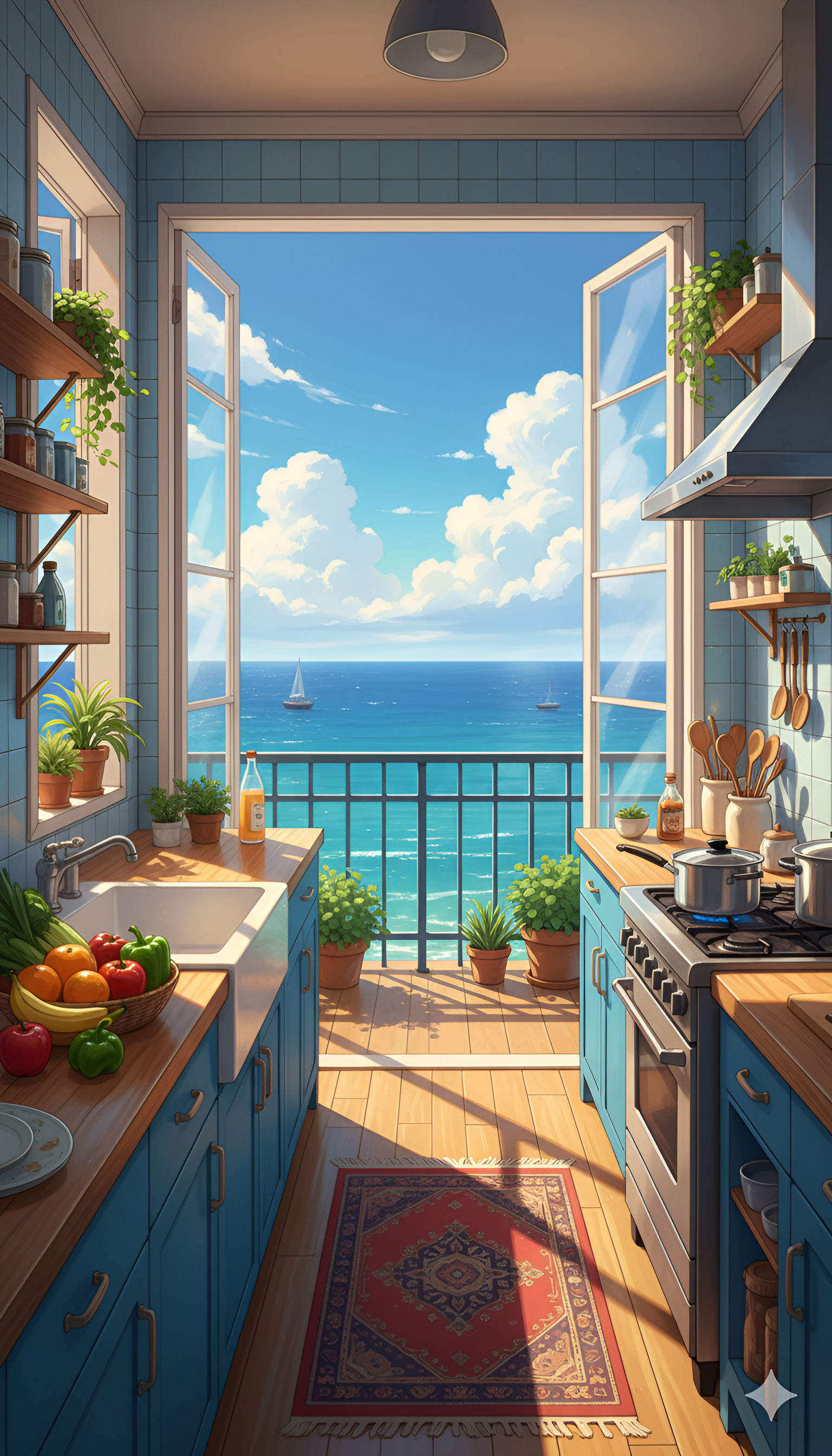 Coastal Kitchen with Open Balcony and Ocean View (or Idyllic Seaside Cottage Kitchen)