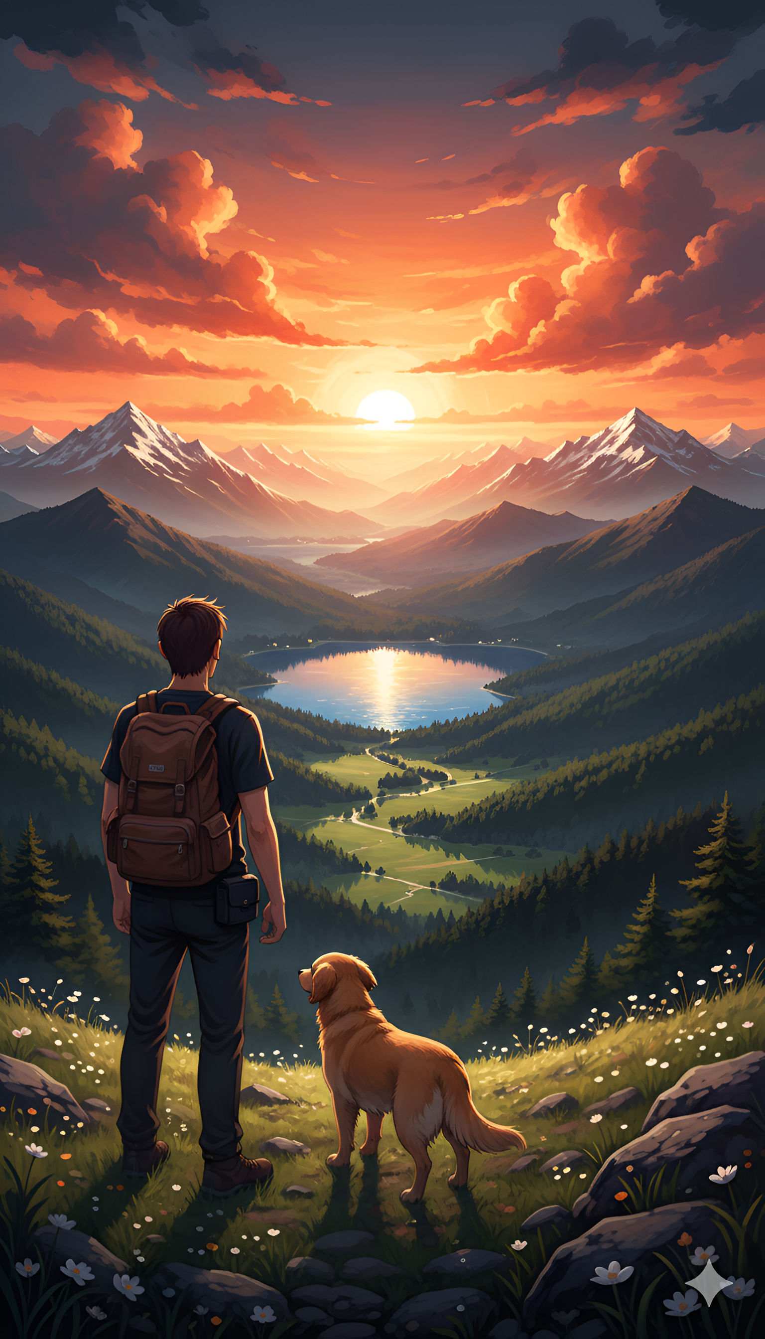 Sunset Summit View: Hiker and Dog Overlooking a Mountain Lake