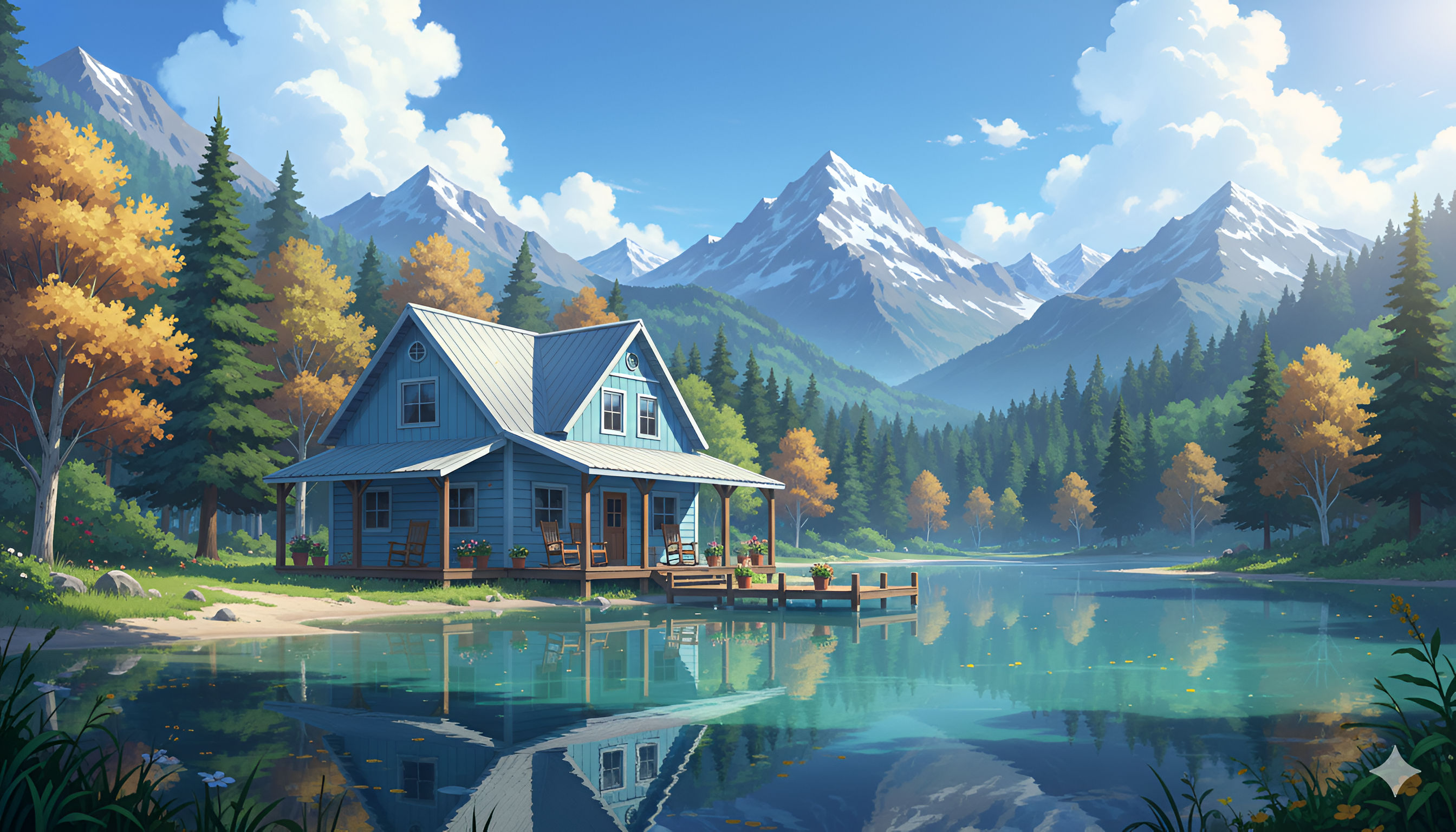 Blue Cabin Lakefront Scenery Anime Mountain Wallpaper