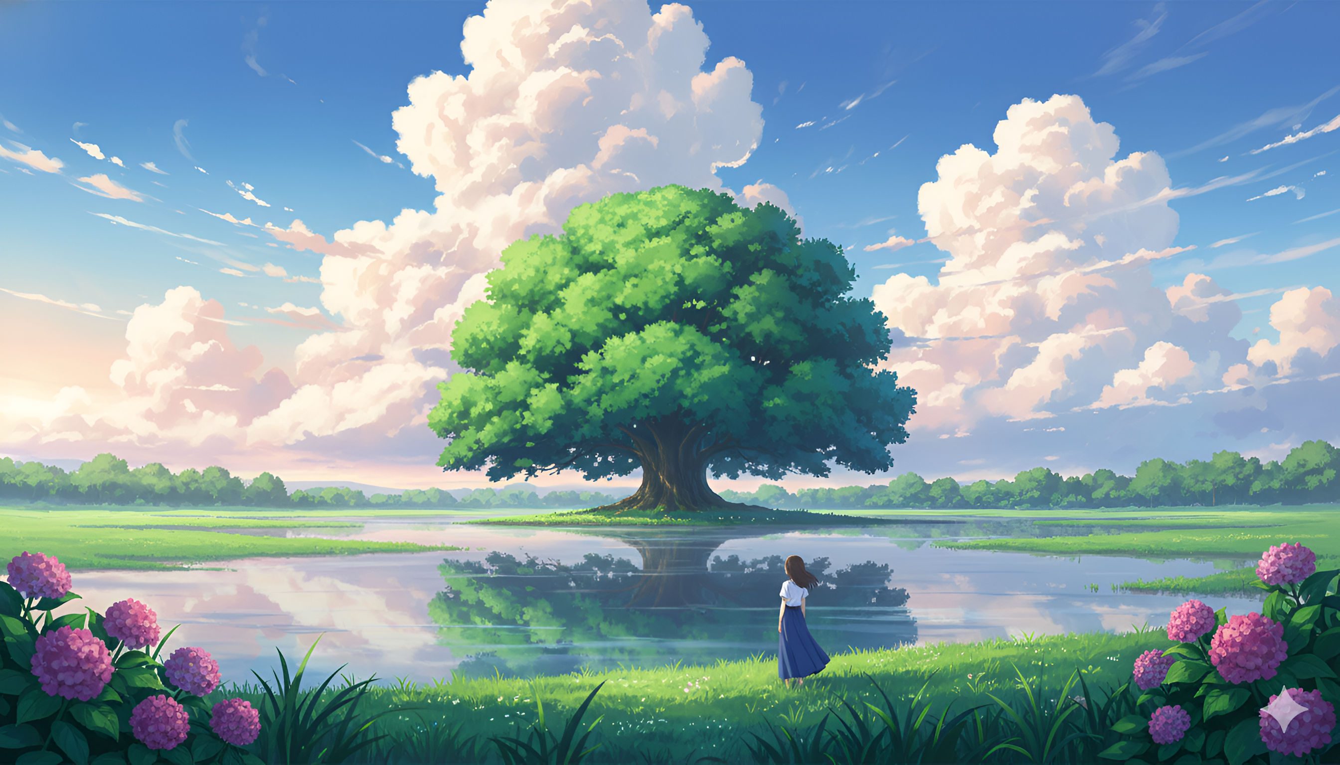 Great Tree Reflection Anime Landscape Wallpaper