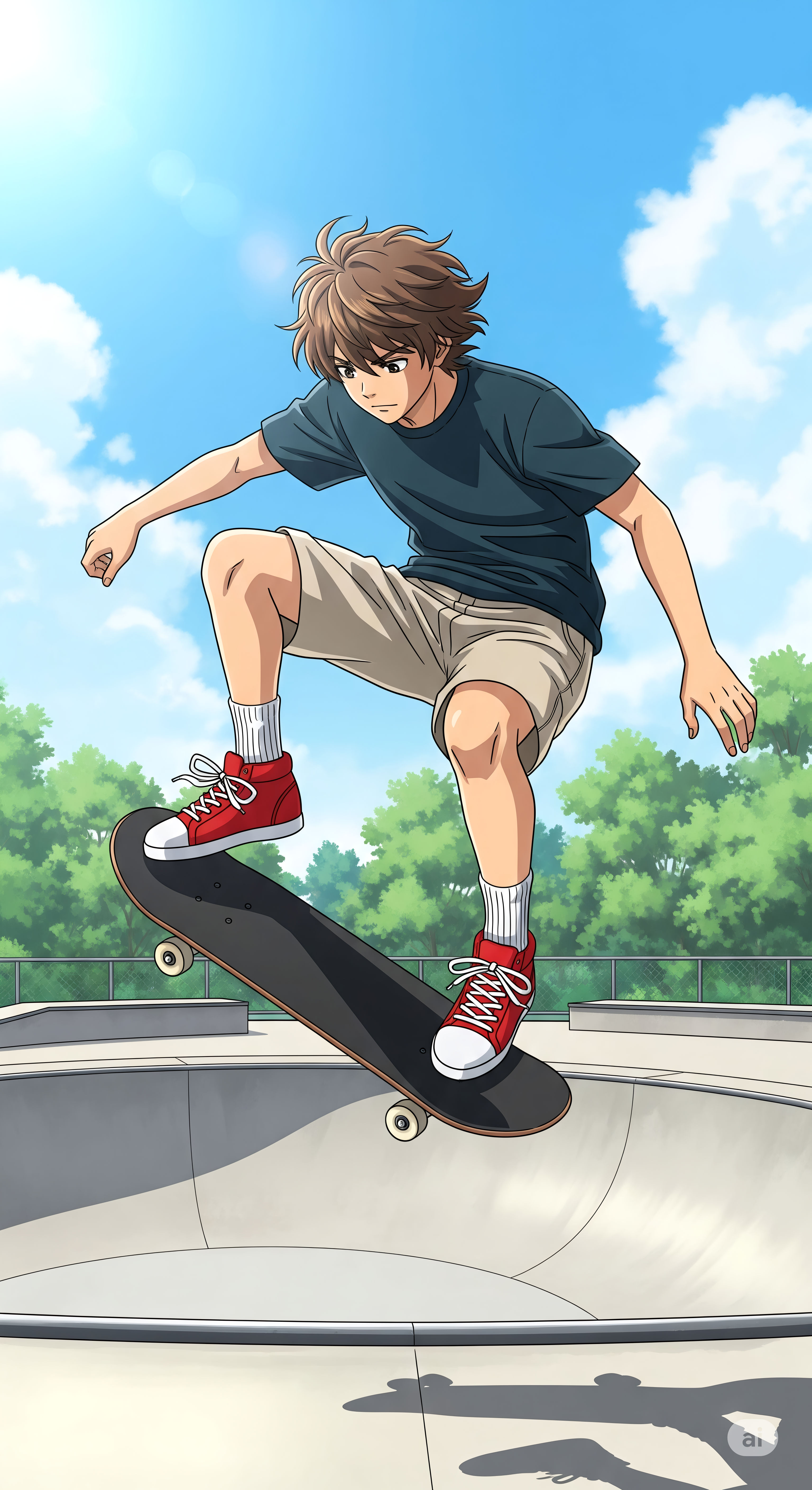 Anime Skateboarder Riding a Bowl