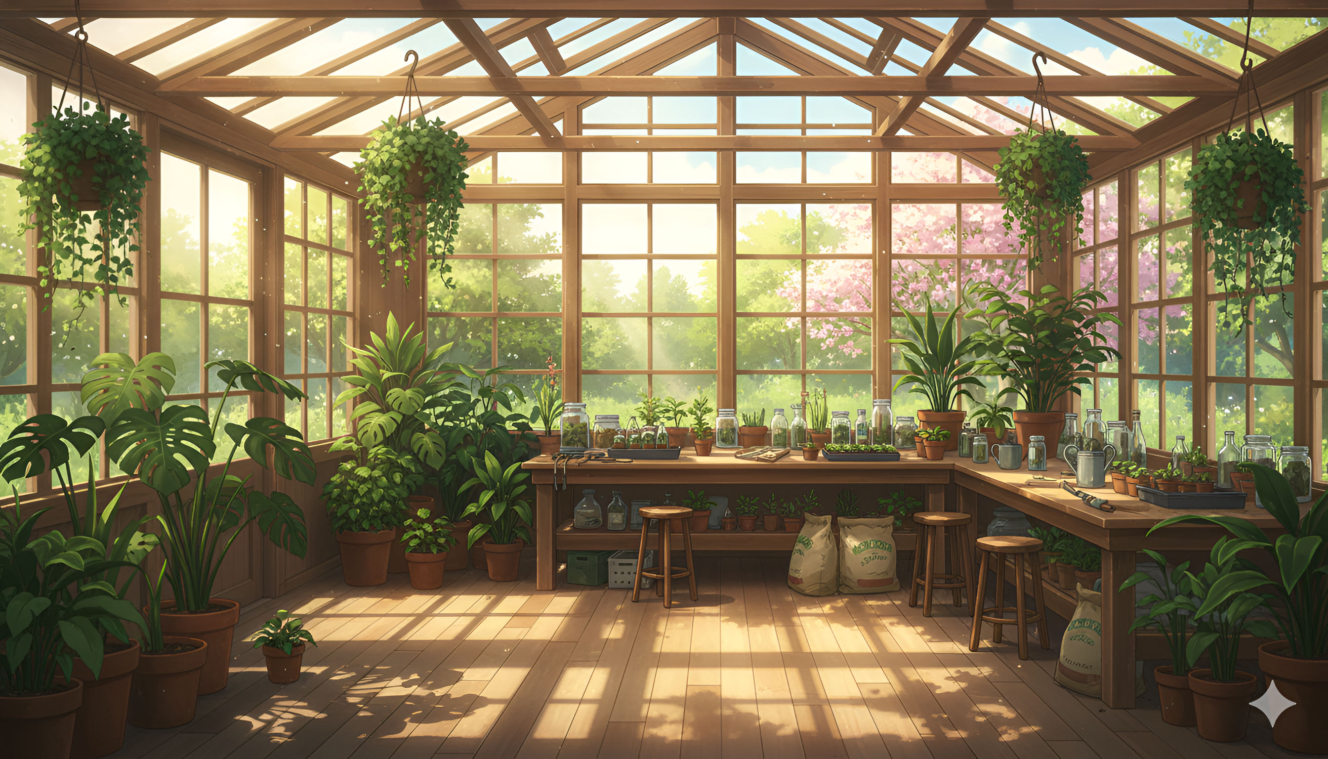 Sunny Greenhouse Interior – Lush Botanical Anime Scene